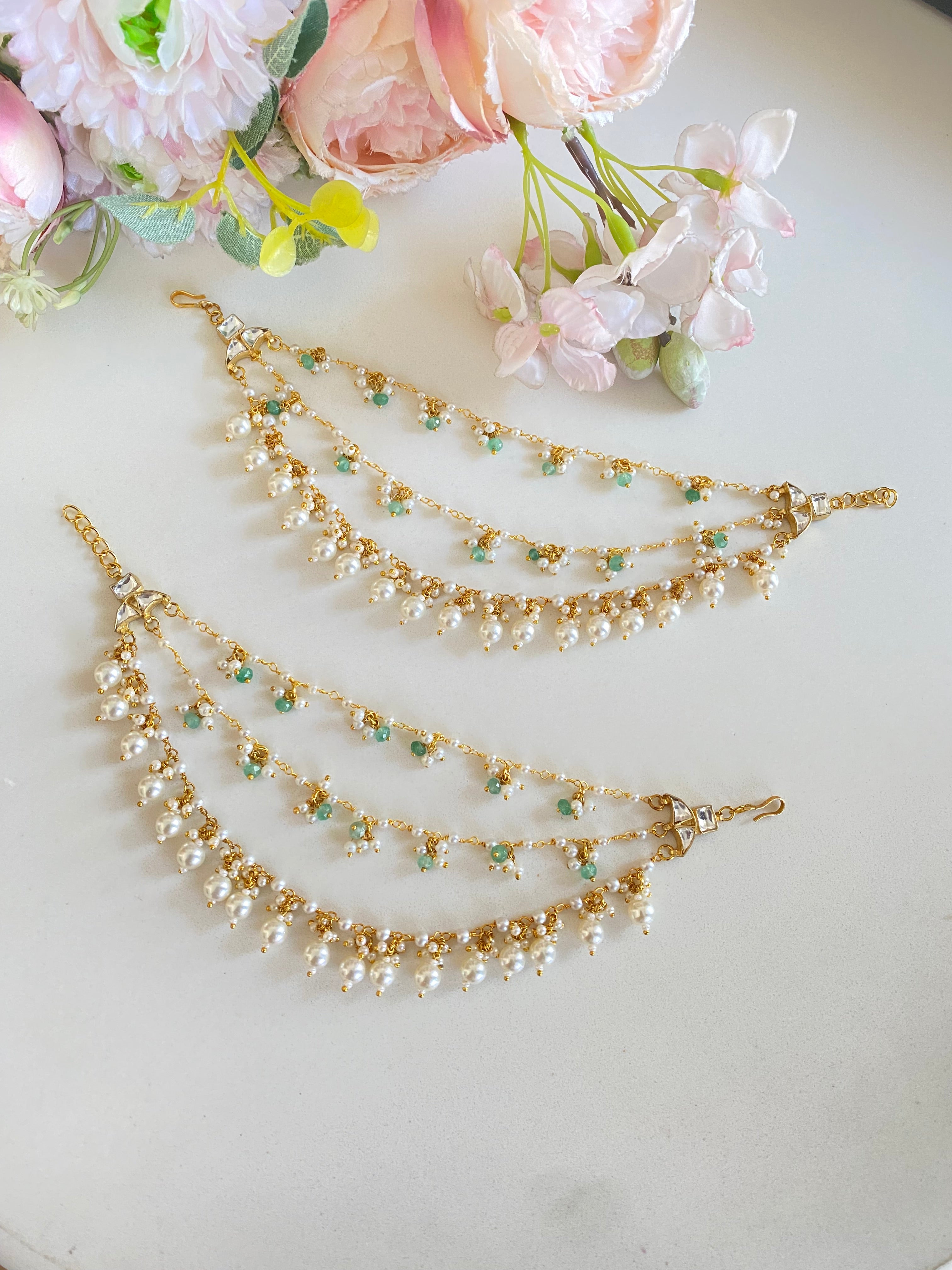 Kundan Earchain with mint and pearl drops