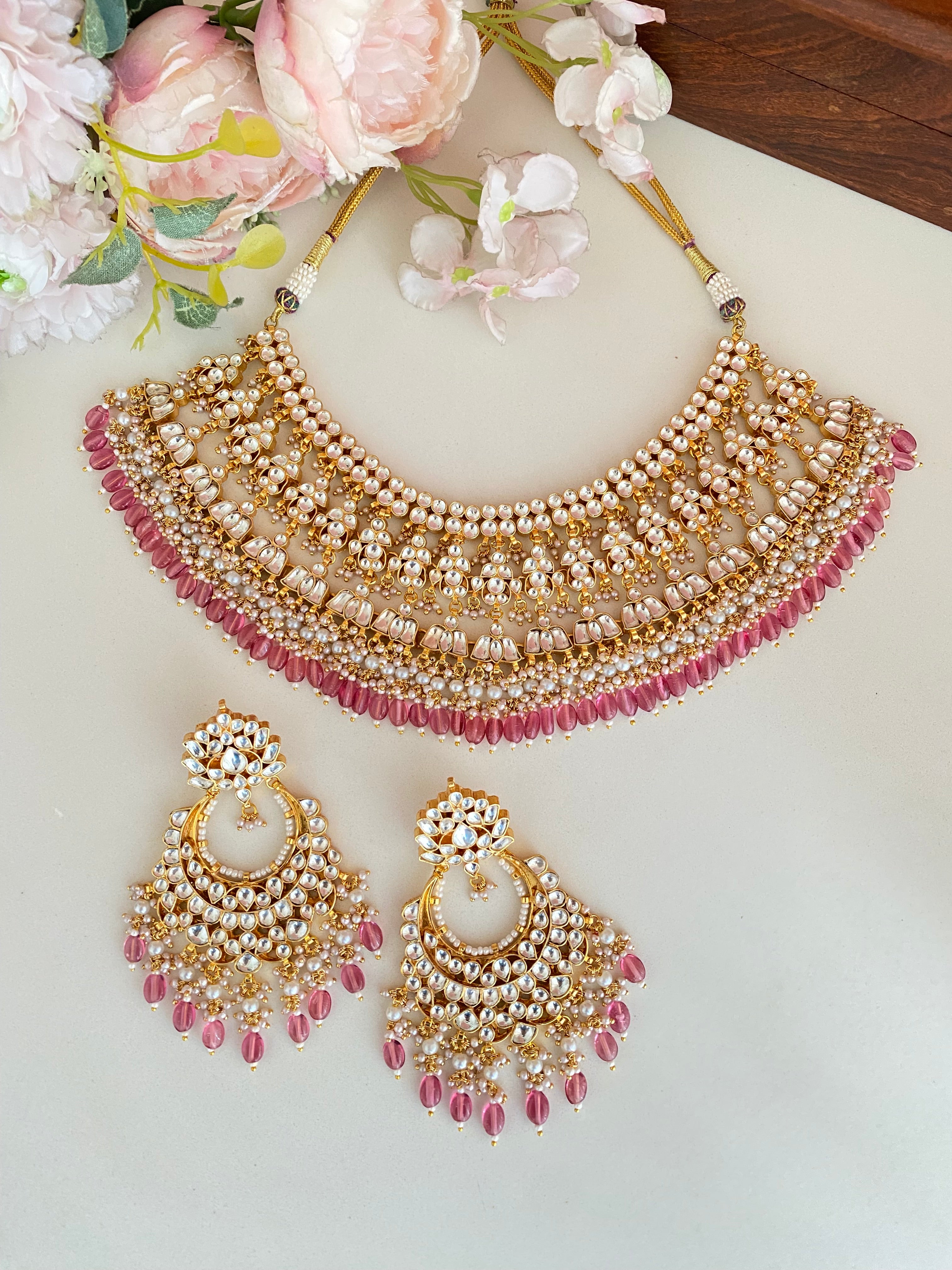 Gold Plated Kundan Necklace Set in Pink drops