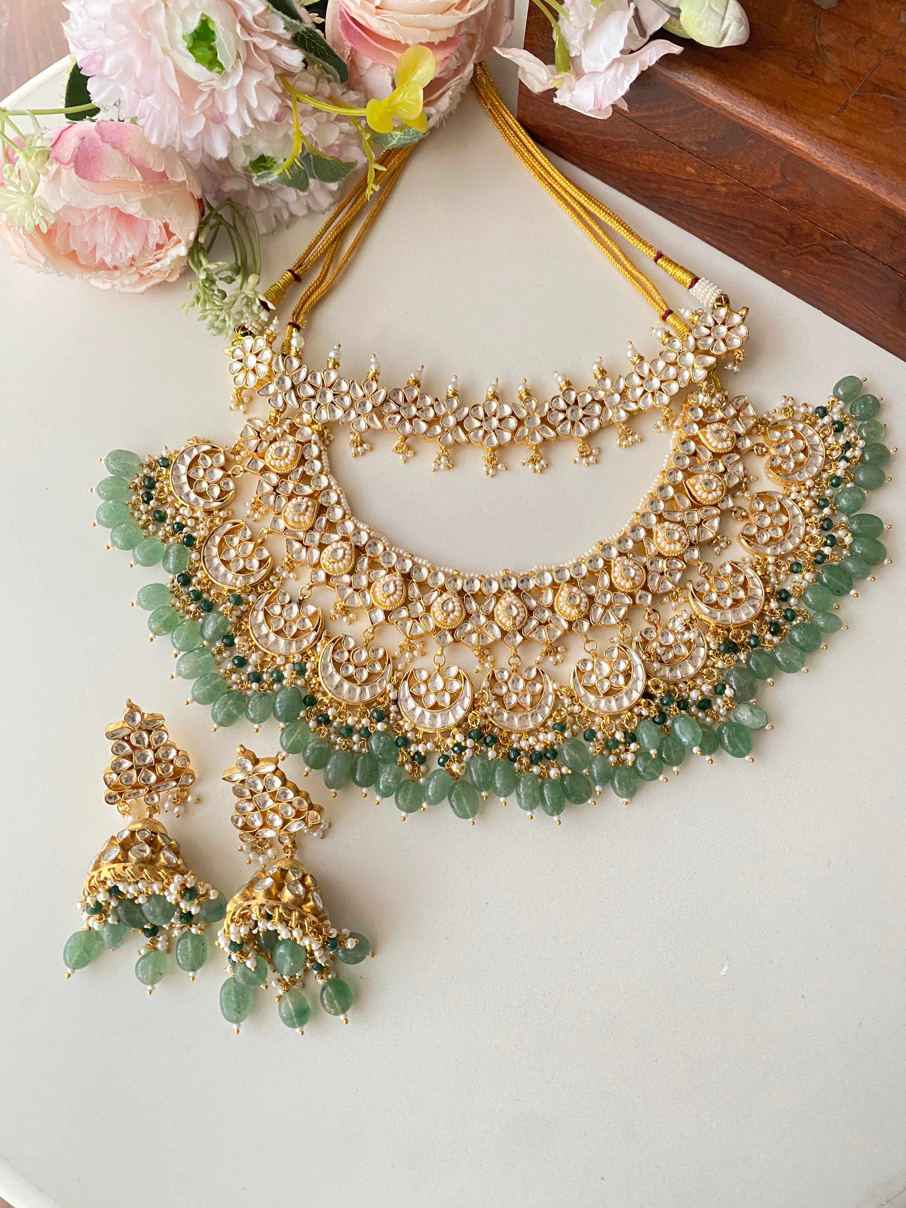 Kundan Choker with Necklace set in mint drops