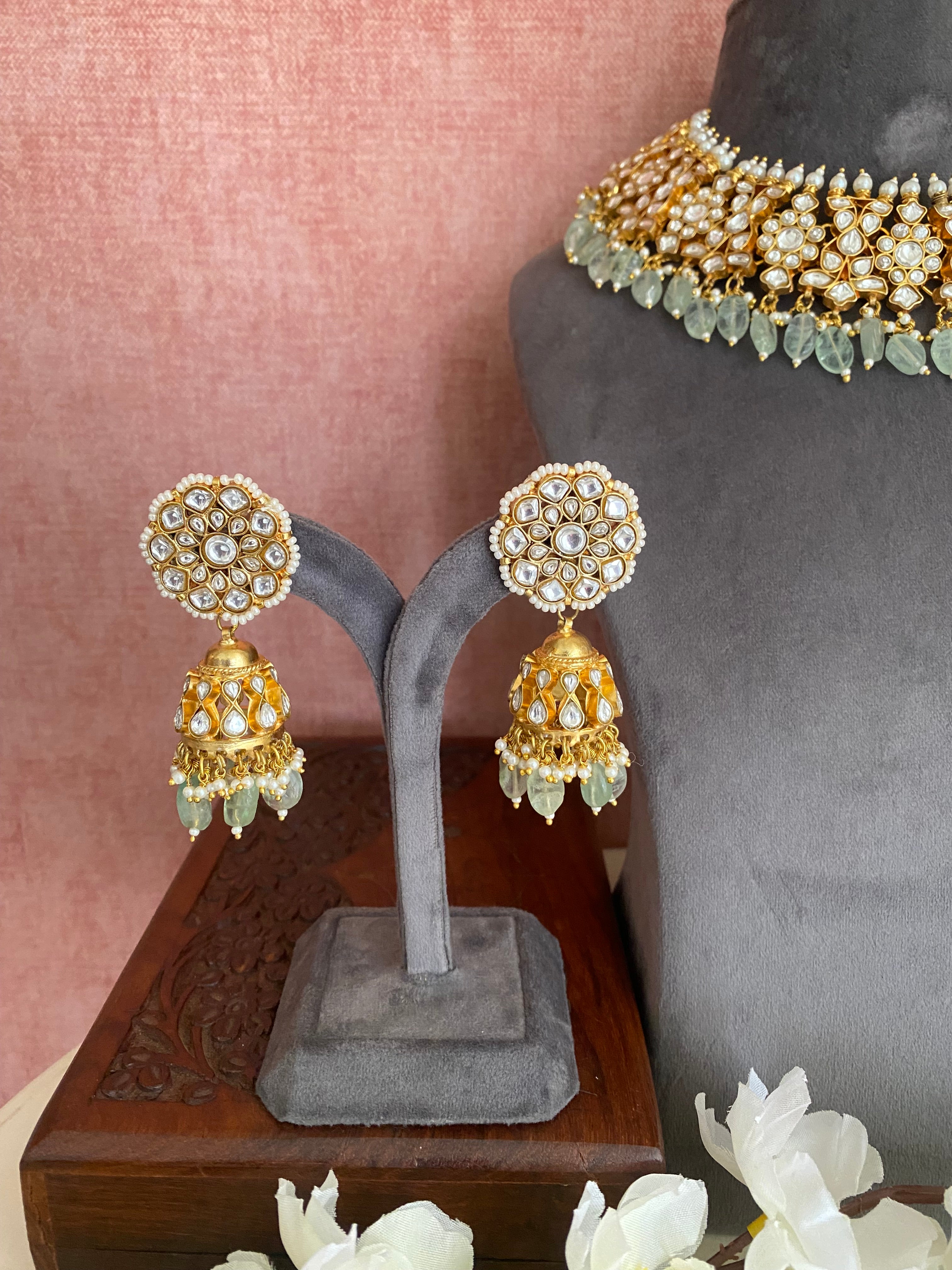 Gold plated Kundan Necklace Set in mint drops