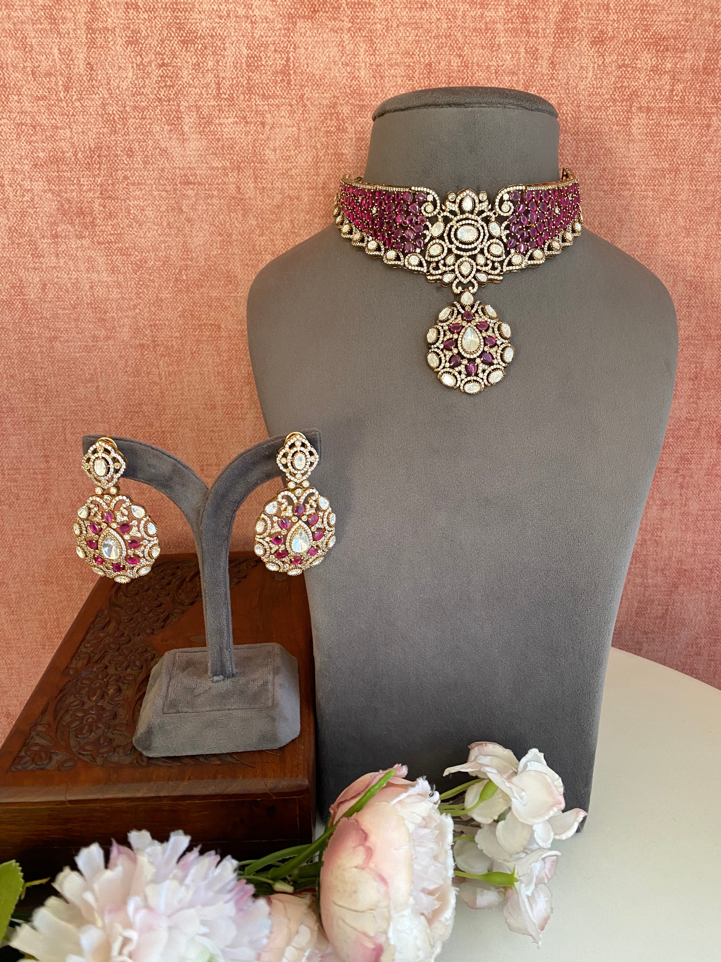 Gold plated Moissanite Pink Necklace Set