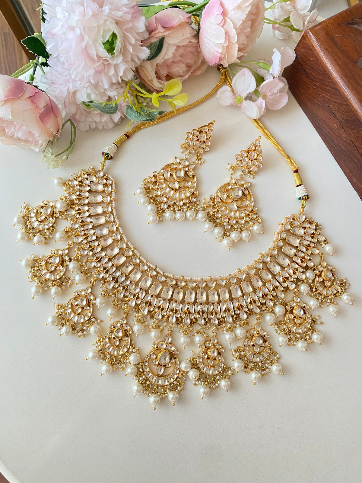 Gold Plated Kundan Necklace Set in pearl drops