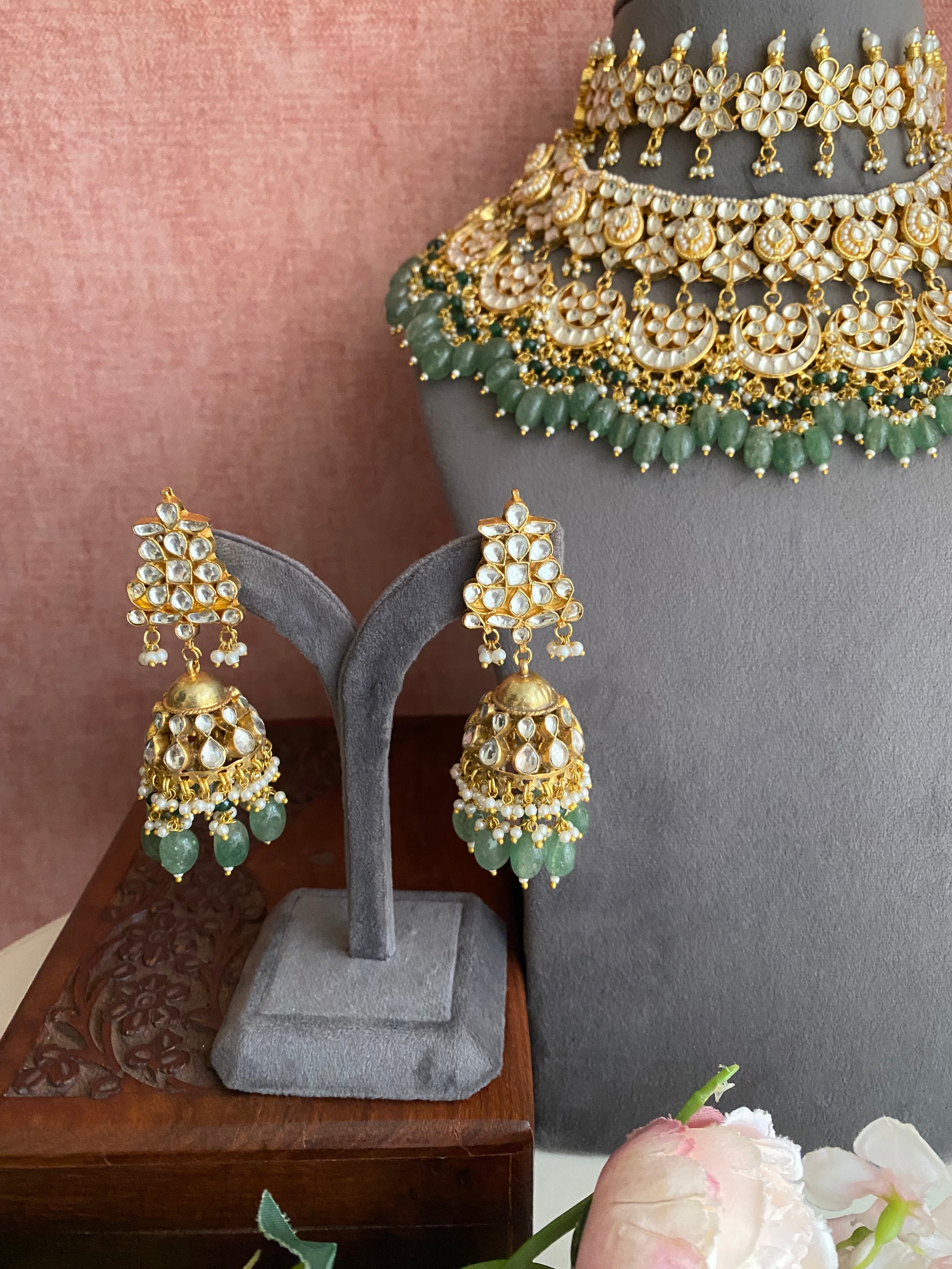 Kundan Choker with Necklace set in mint drops