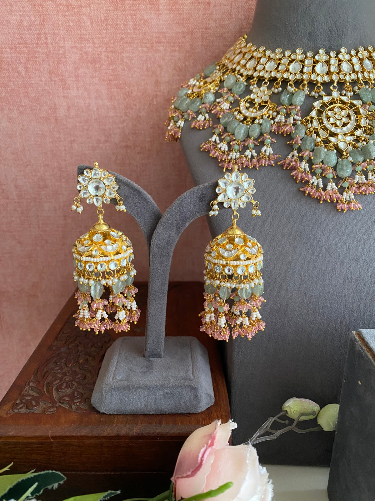 Kundan Bridal Necklace Set in mint and pink drops