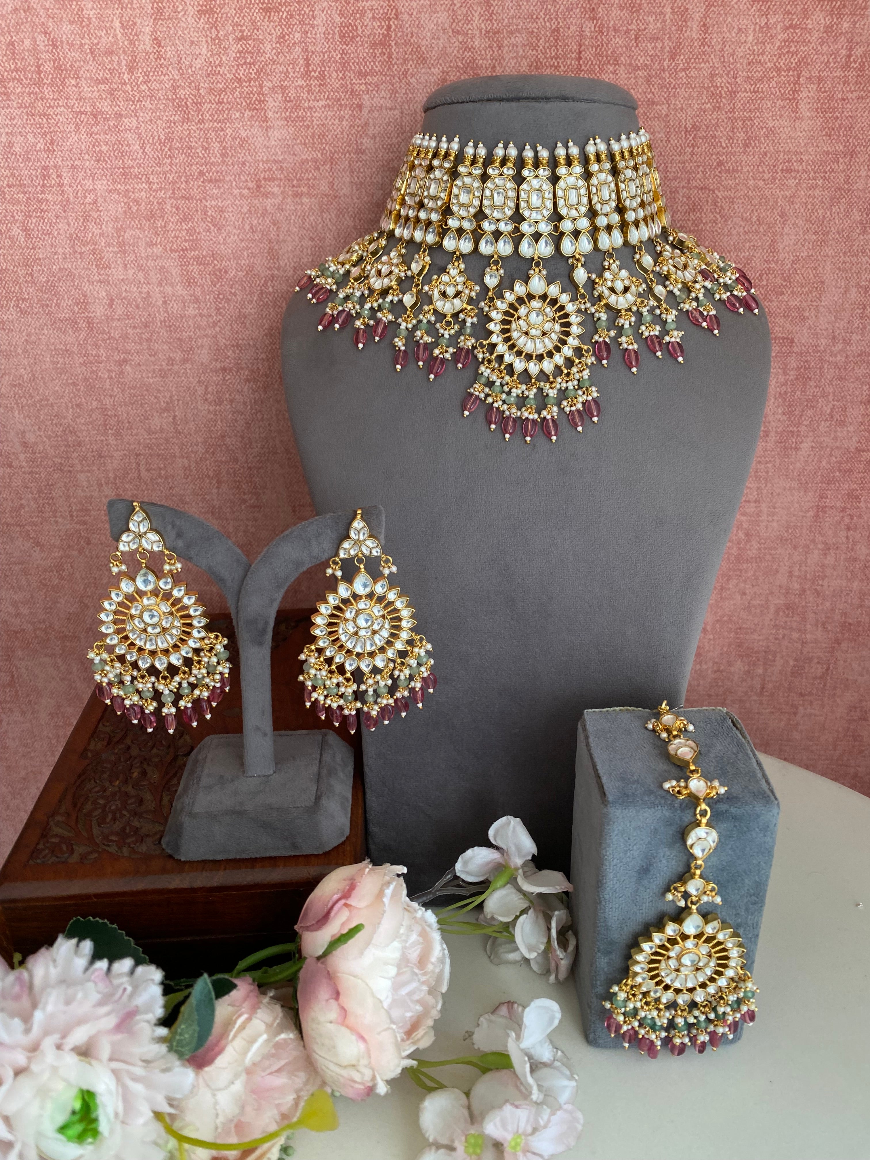 Kundan Bridal Necklace Set in pink drops
