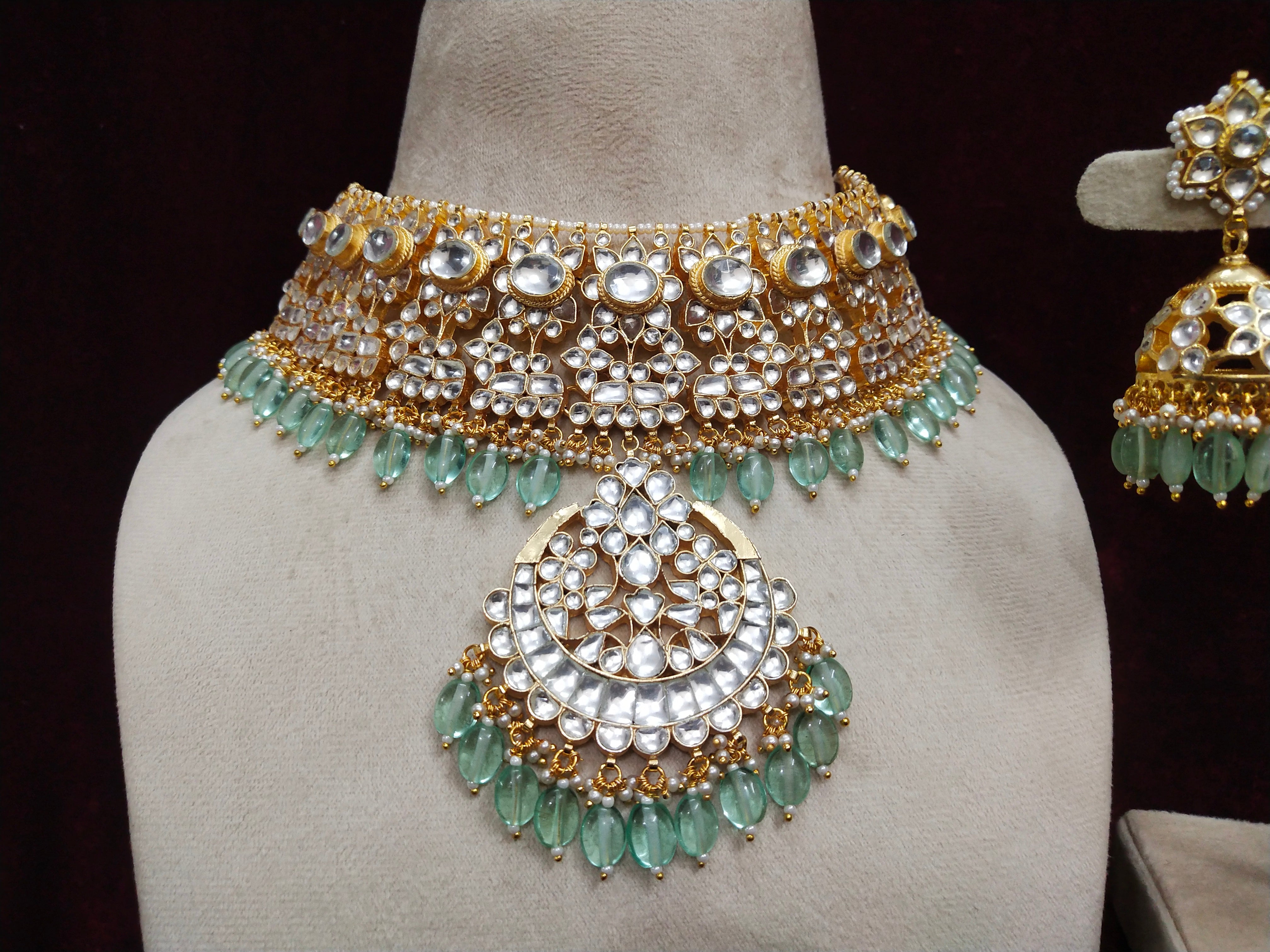 Gold plated Kundan Necklace Set in mint drops