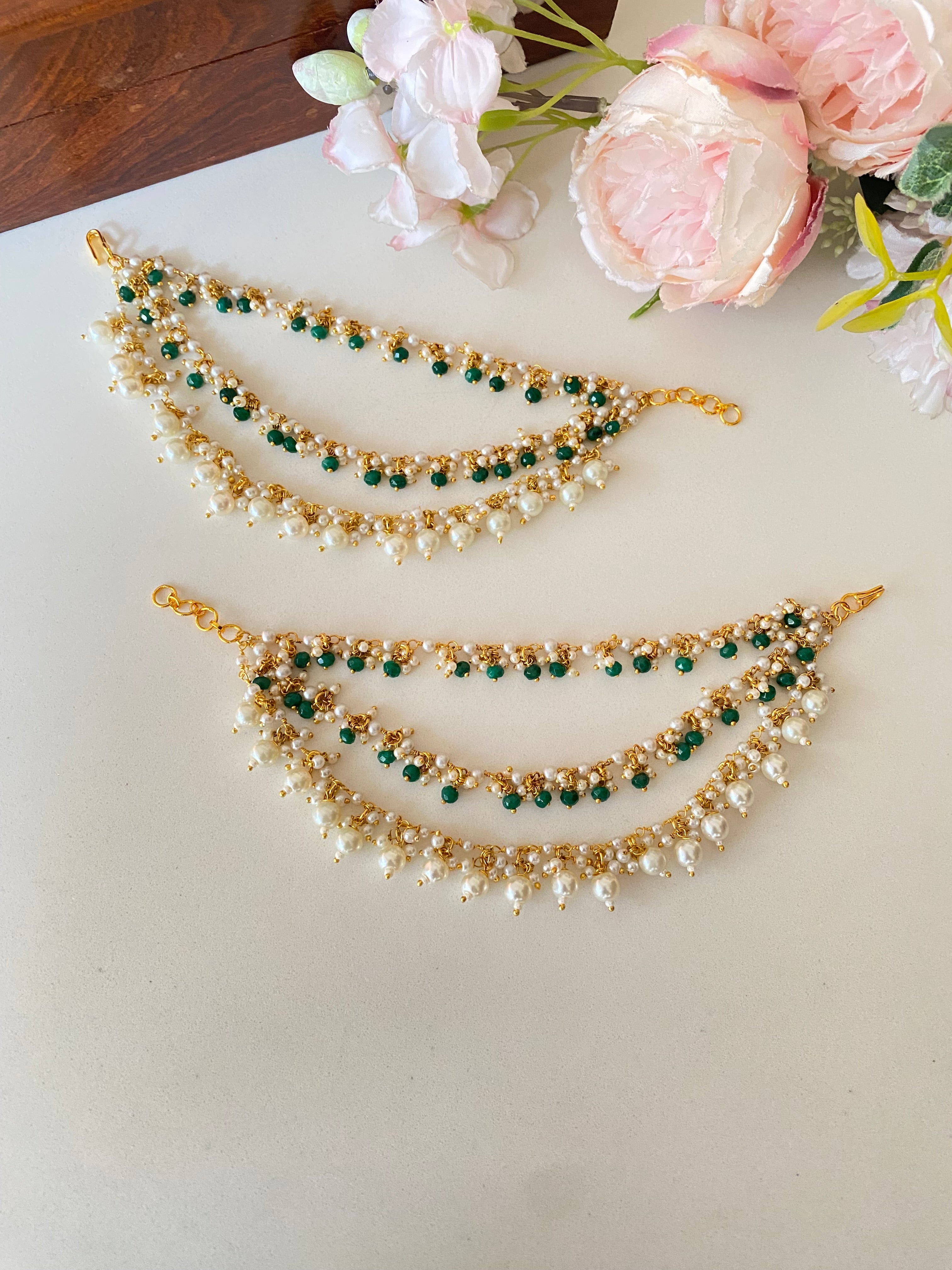 Gold Plated Pearl Ear Chain In Green Drops