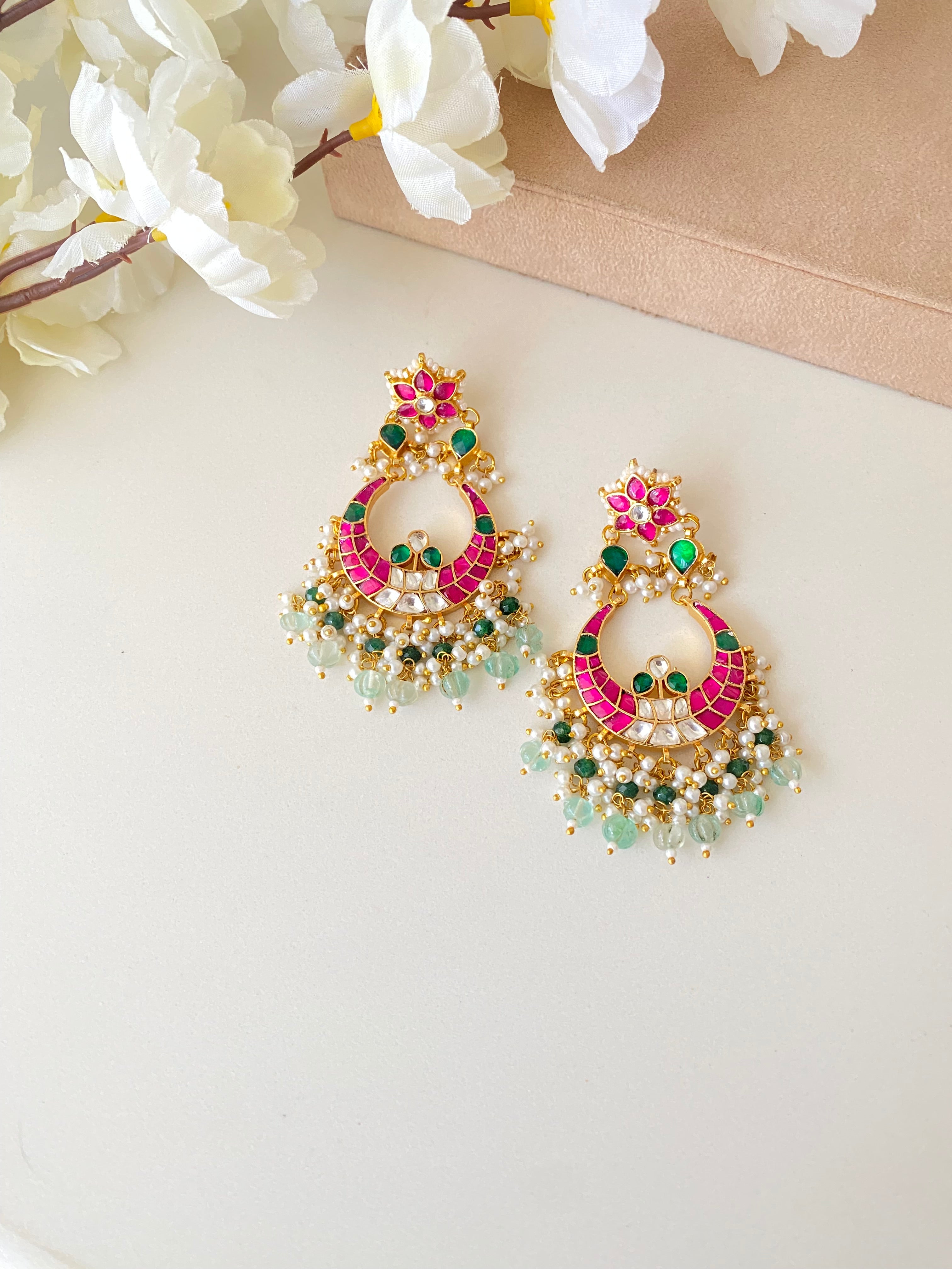 Gold Plated Kundan Earring in pink drops