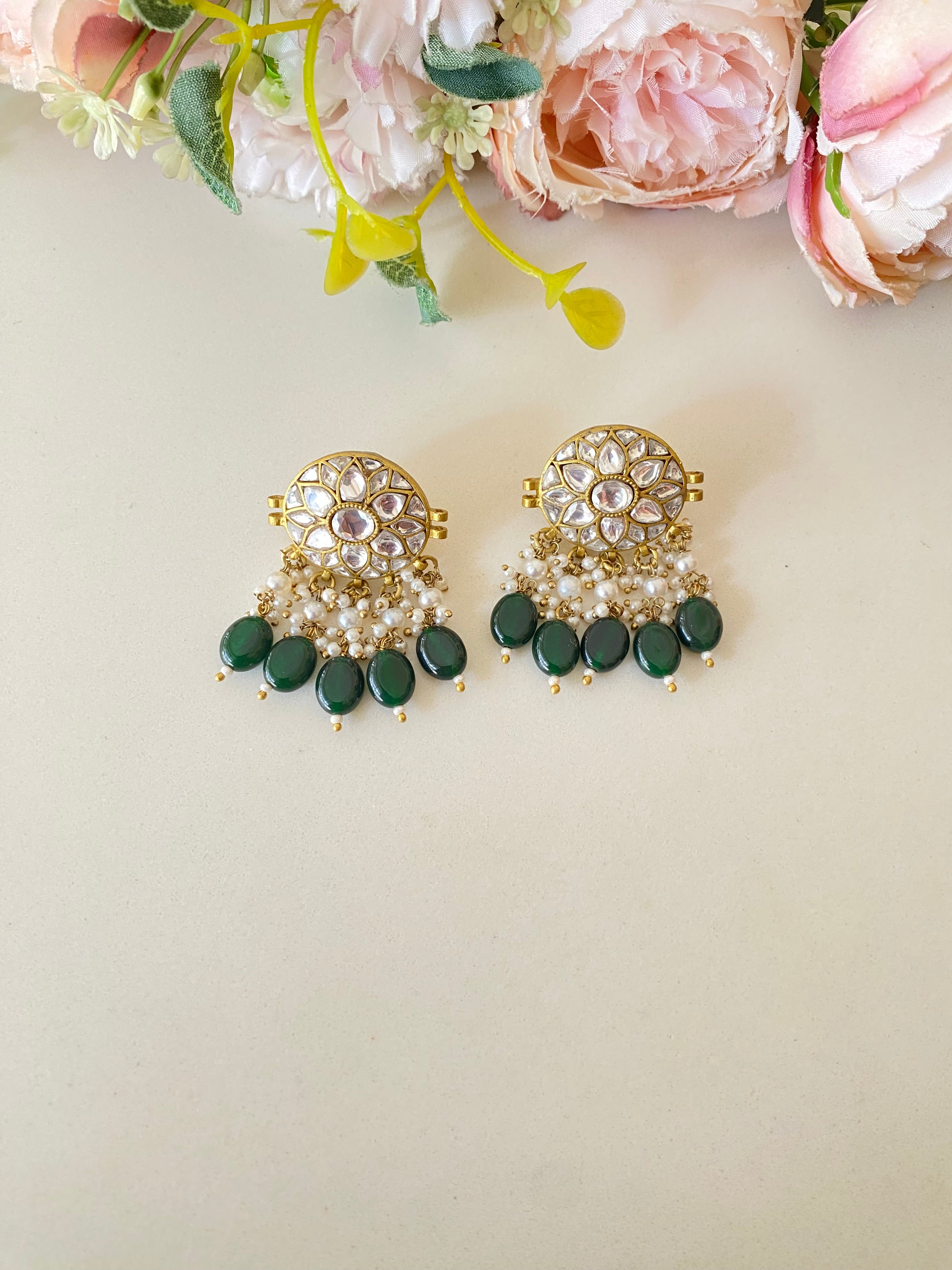 Kundan Earring in green drops