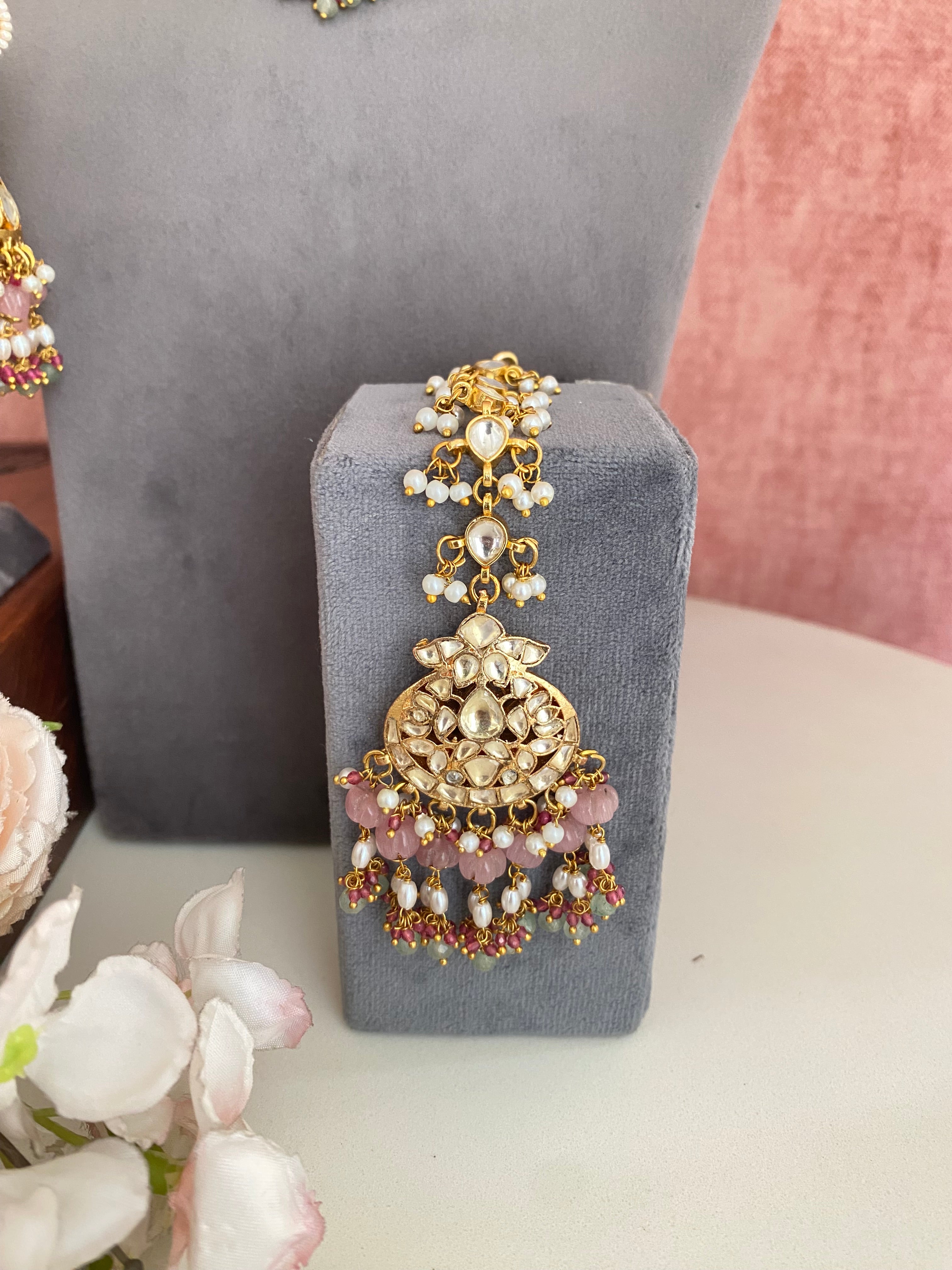 Kundan Bridal Necklace Set in Pink Drops