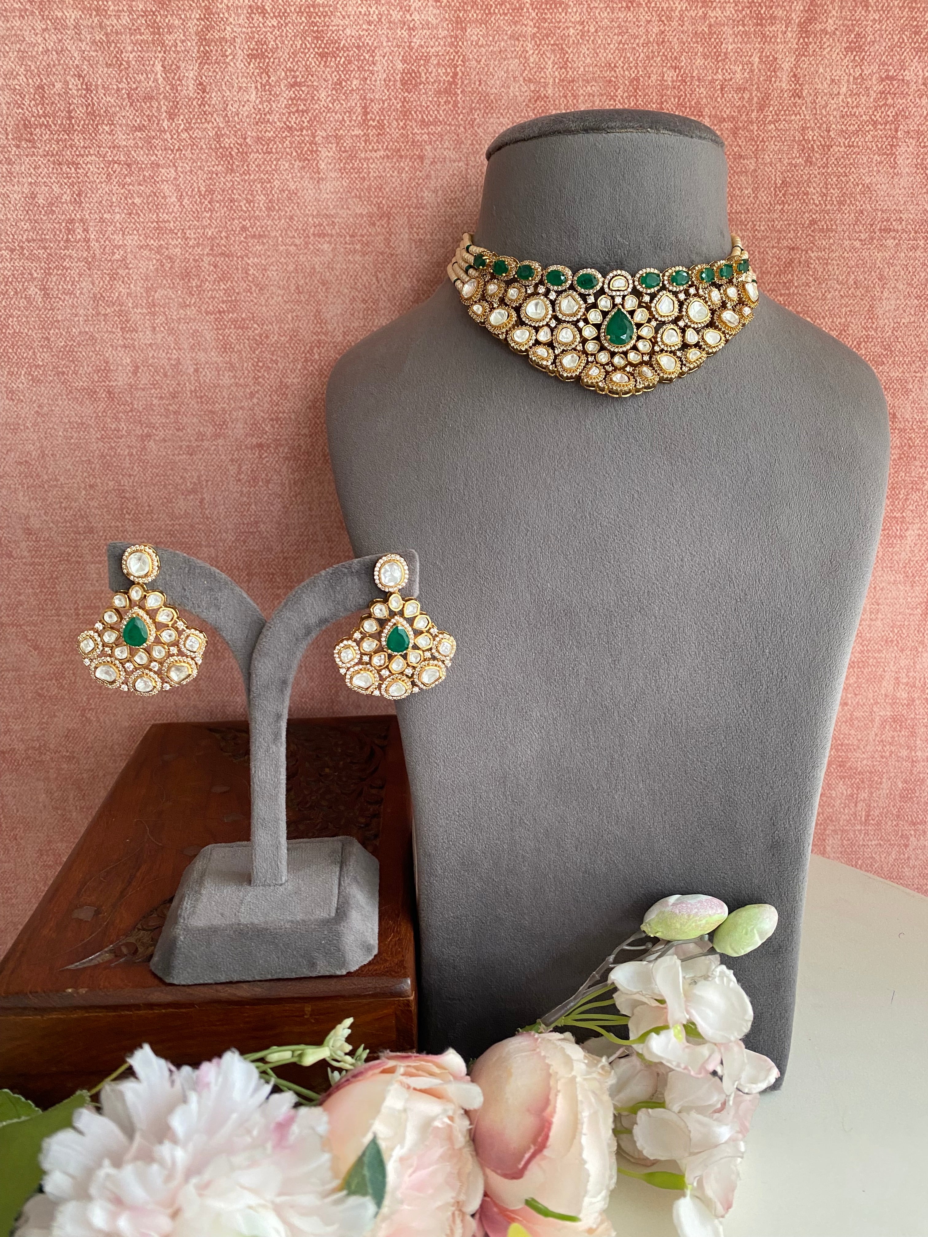 Moissanite Polki Green Stone Necklace Set