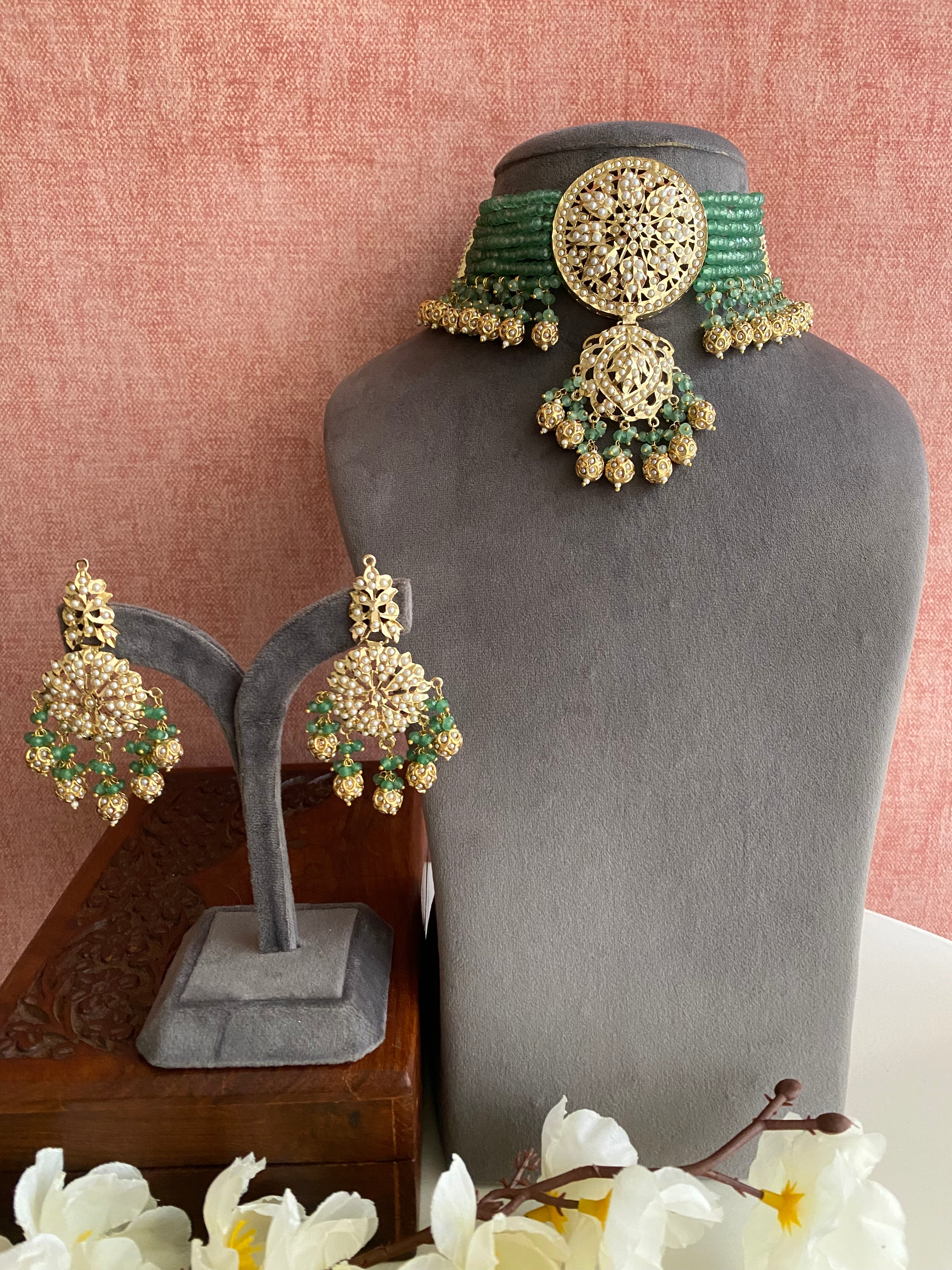 Amritsari Jadau Gold Plated Green Choker Set