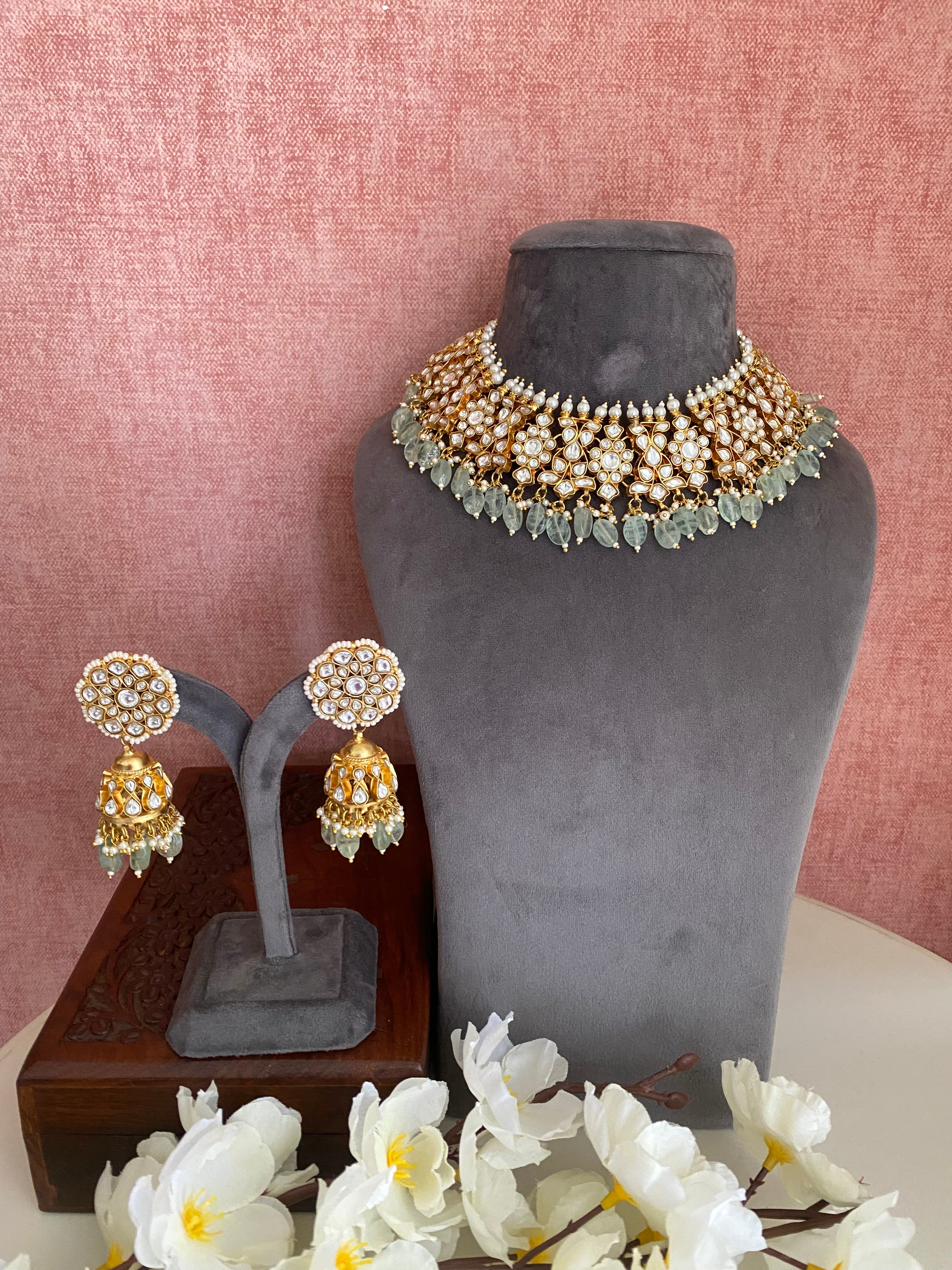 Gold plated Kundan Necklace Set in mint drops
