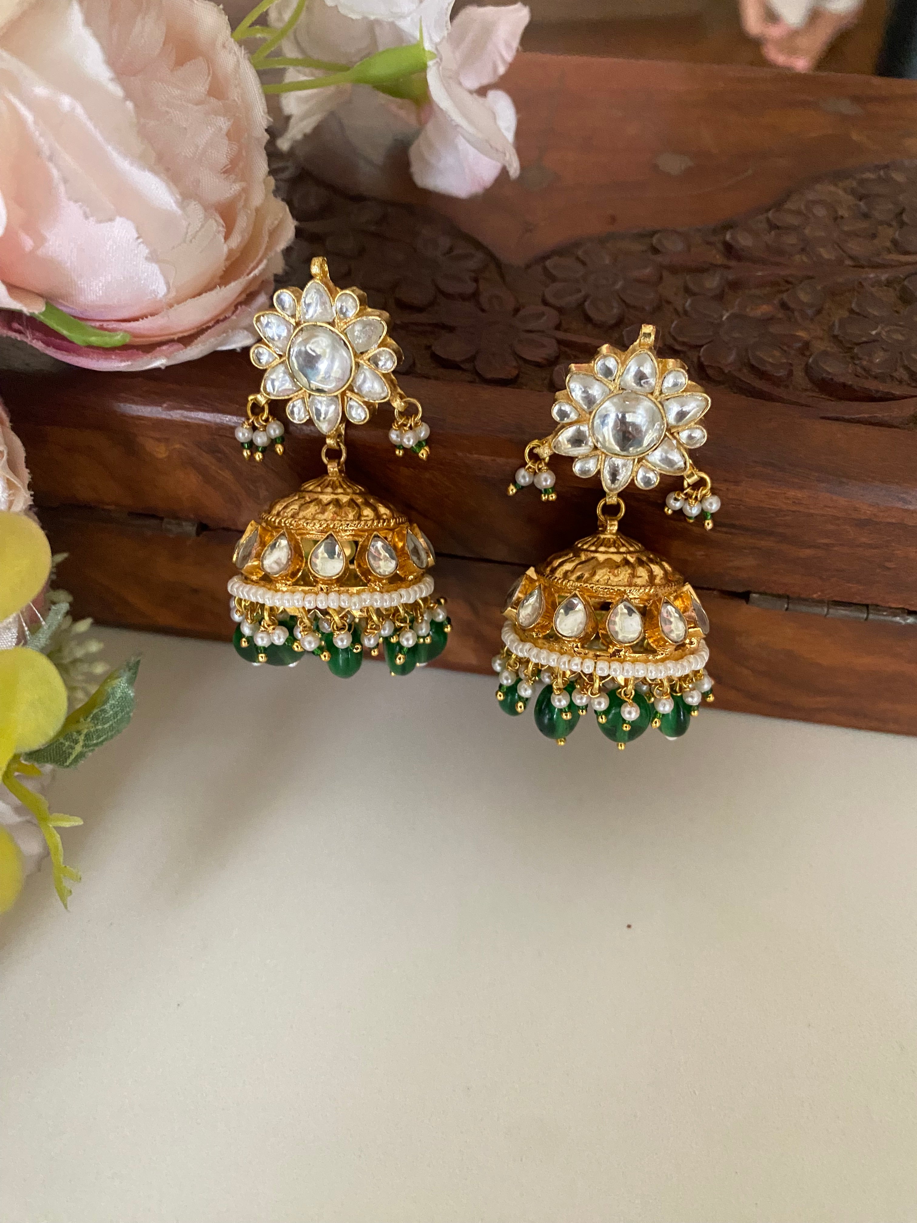 Gold Plated Kundan green drop Jhumka
