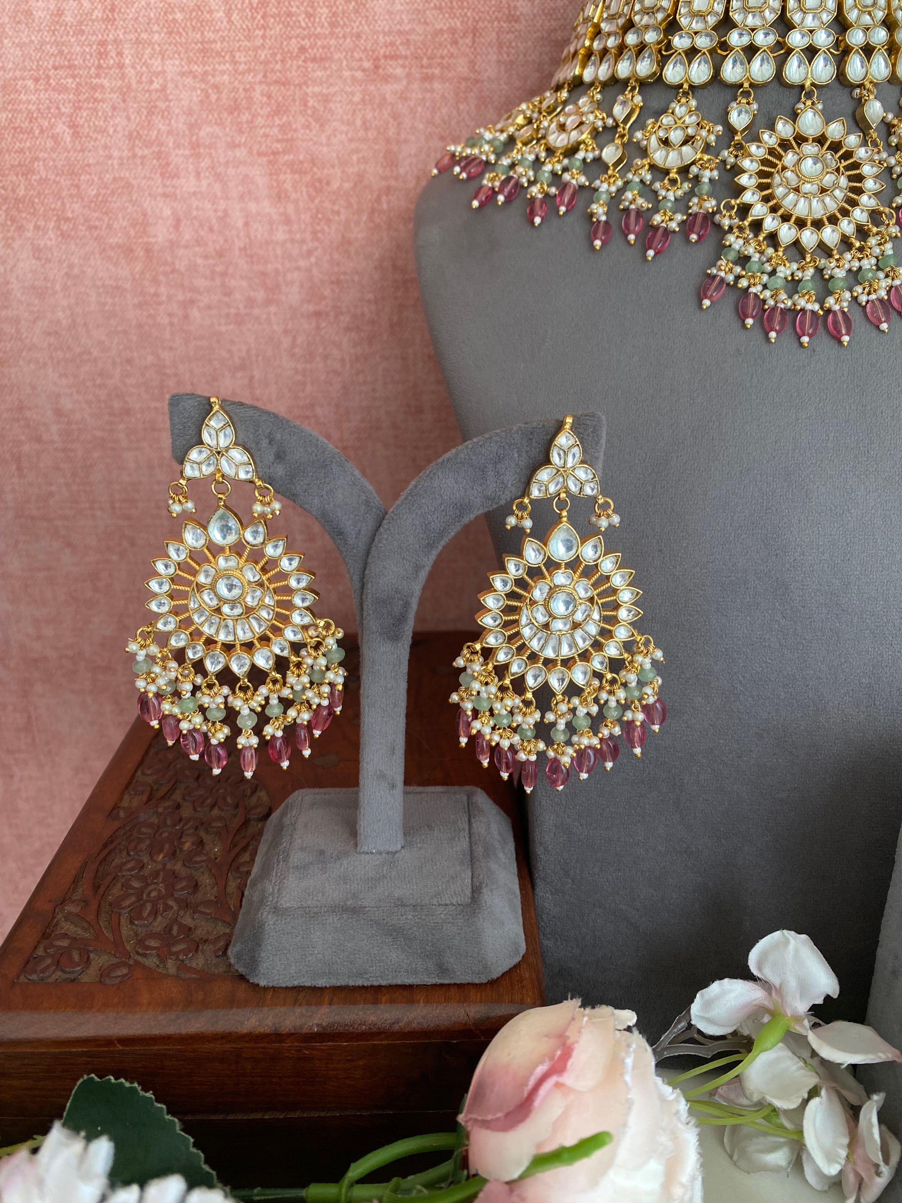 Kundan Bridal Necklace Set in pink drops