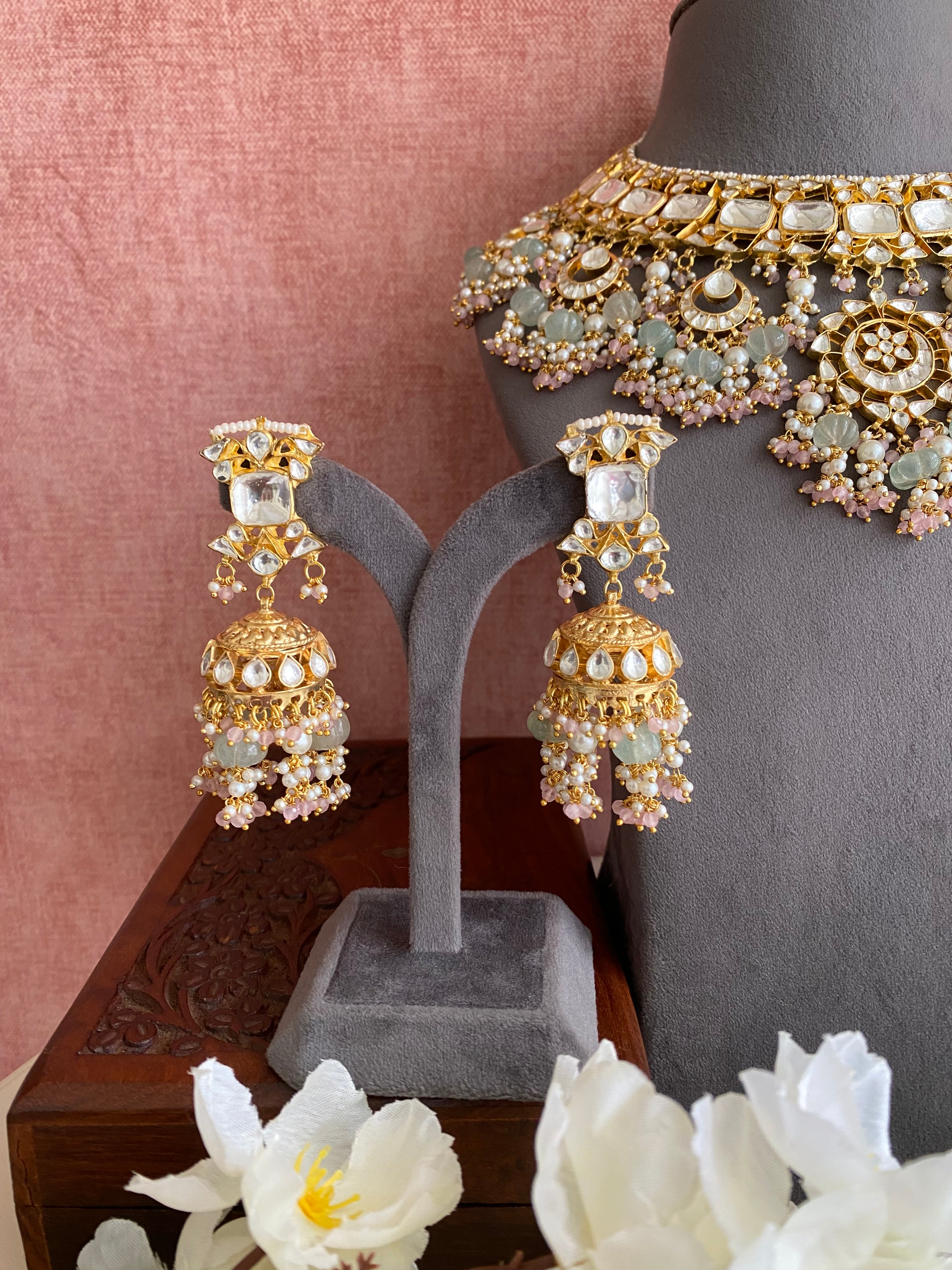 Kundan Bridal Necklace Set in mint Drops