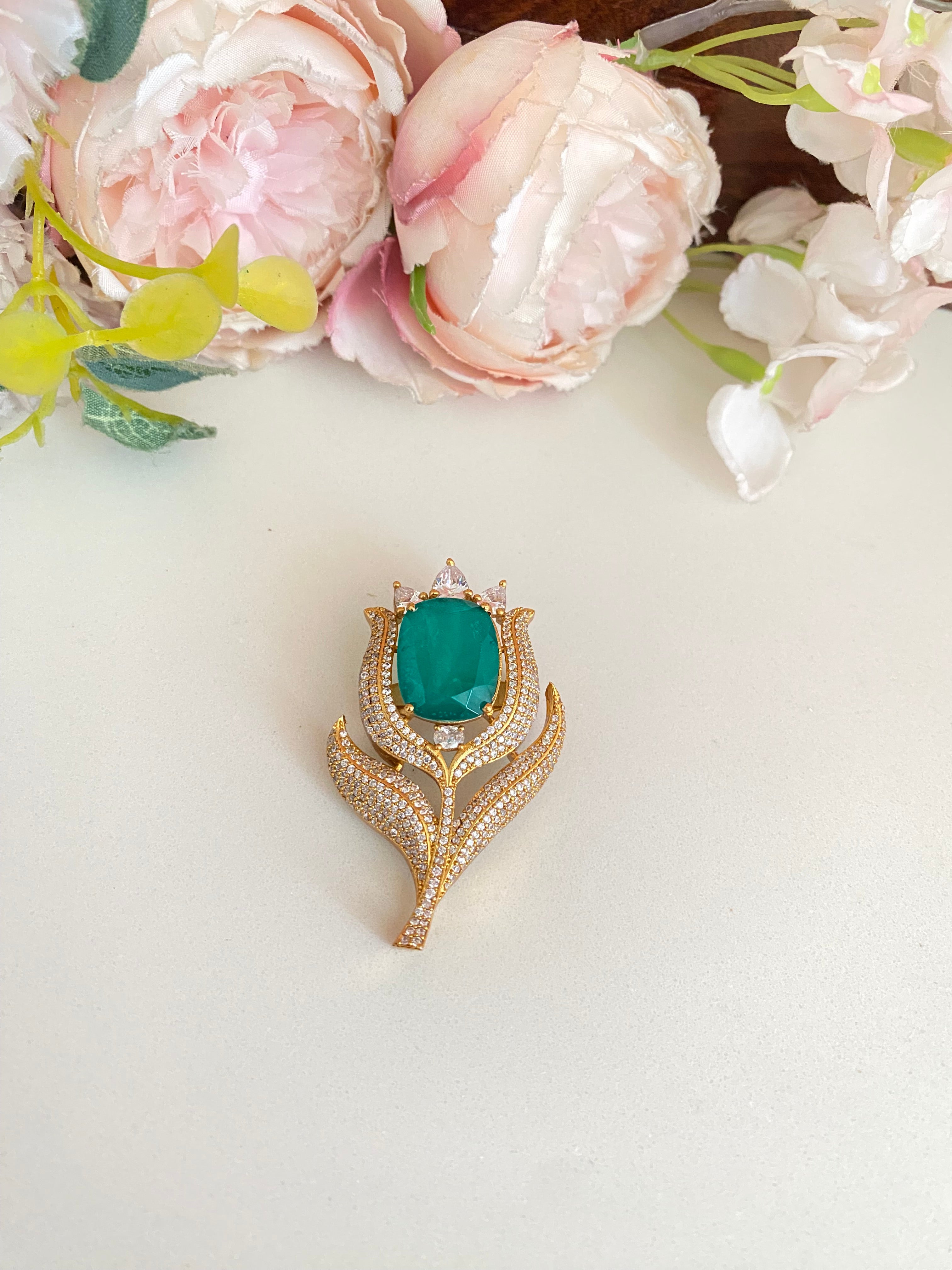 Gold plated green stone Moissanite Brooch
