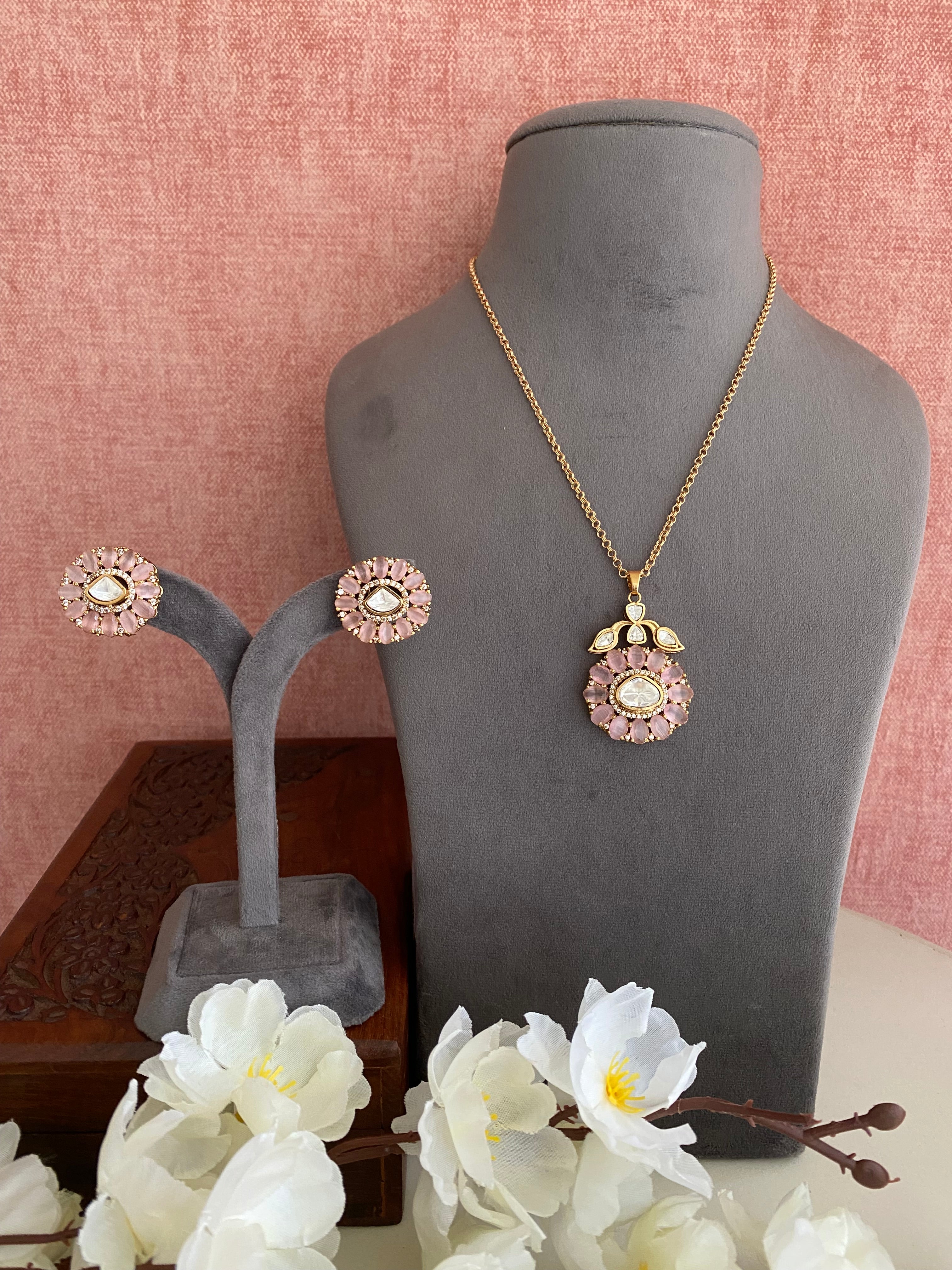 Gold plated Moissanite Pink  Pendant Set