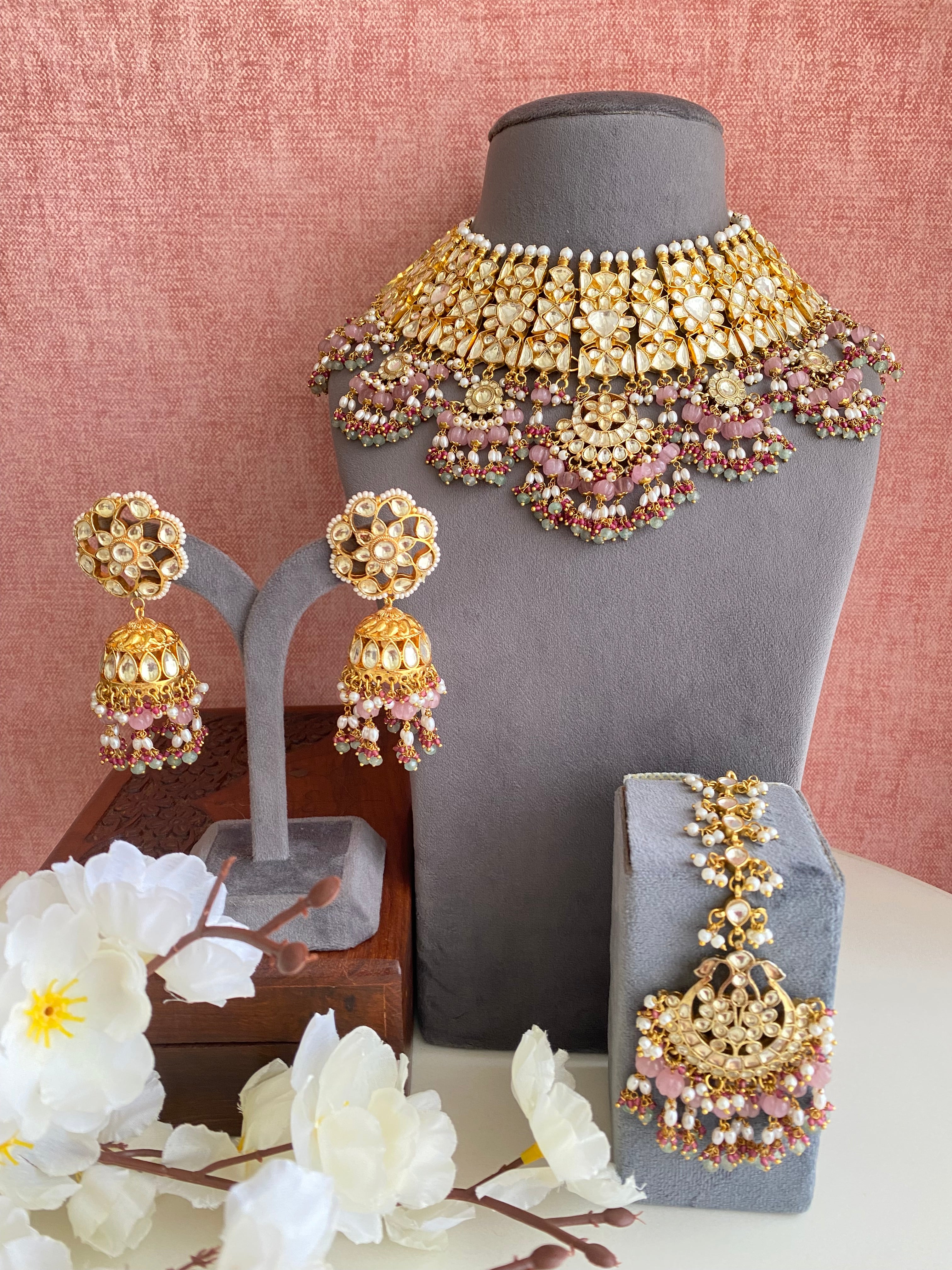 Kundan Bridal Necklace Set in Pink Drops