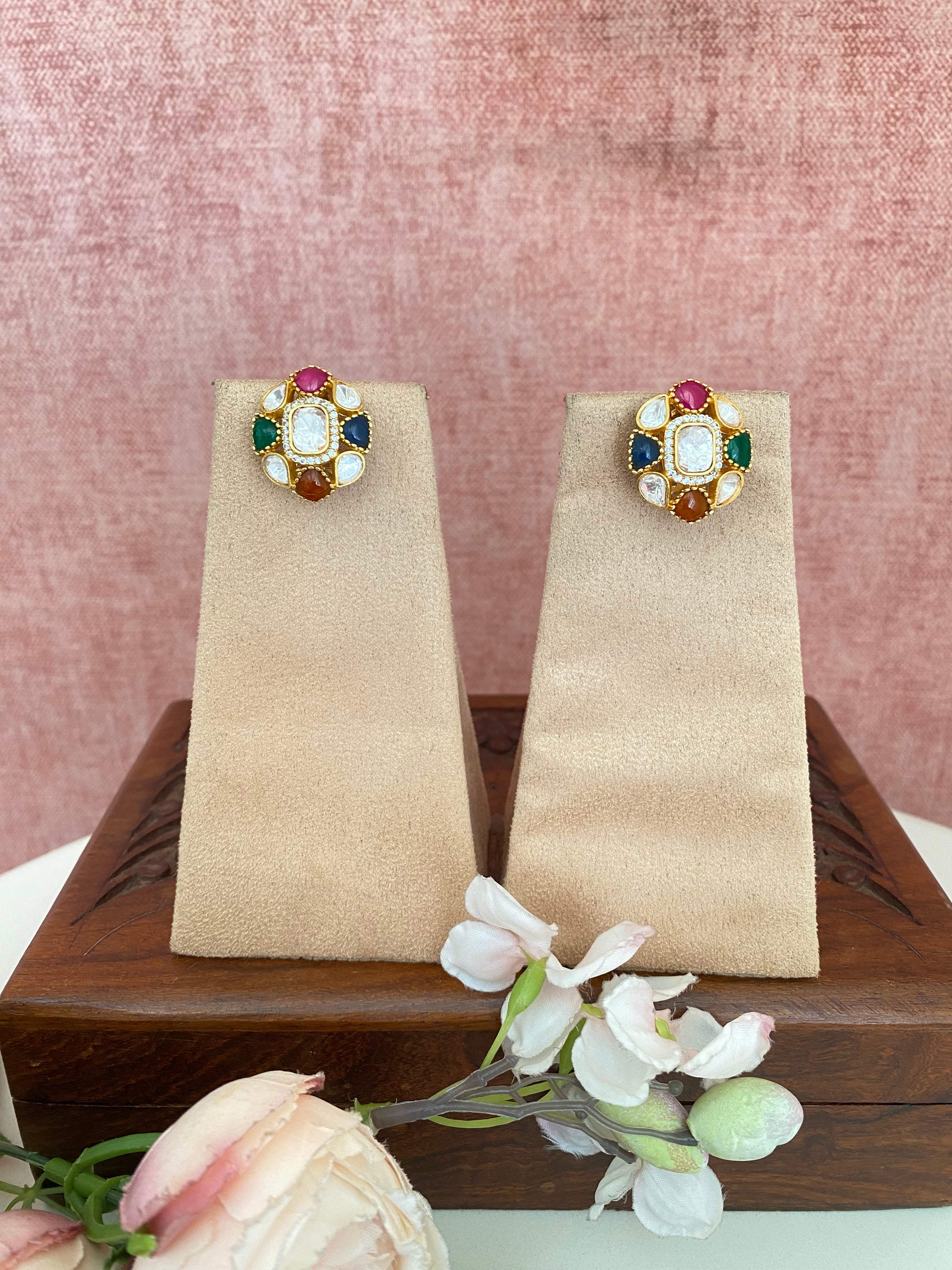 Gold plated navrattan Studs
