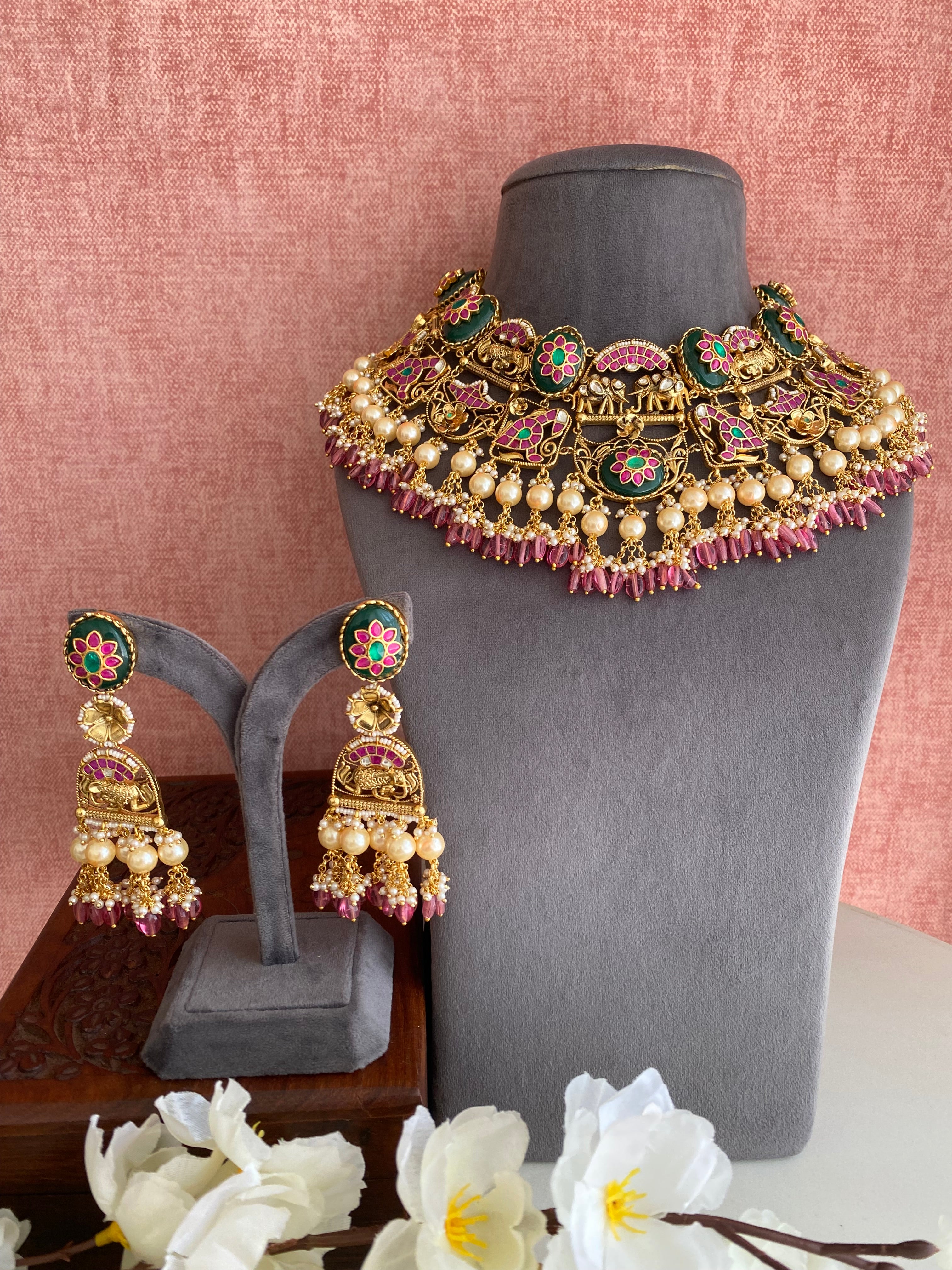 Gold Plated Antique Kundan Bridal Necklace Set