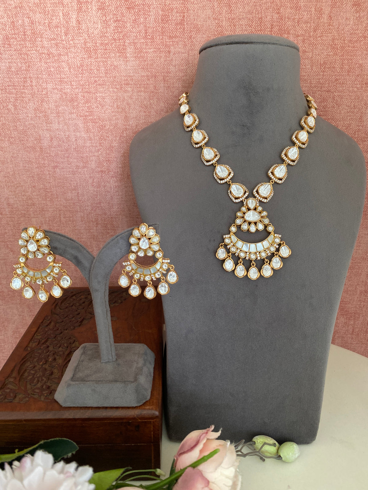Mother of Pearl with Polki Long Necklace Set