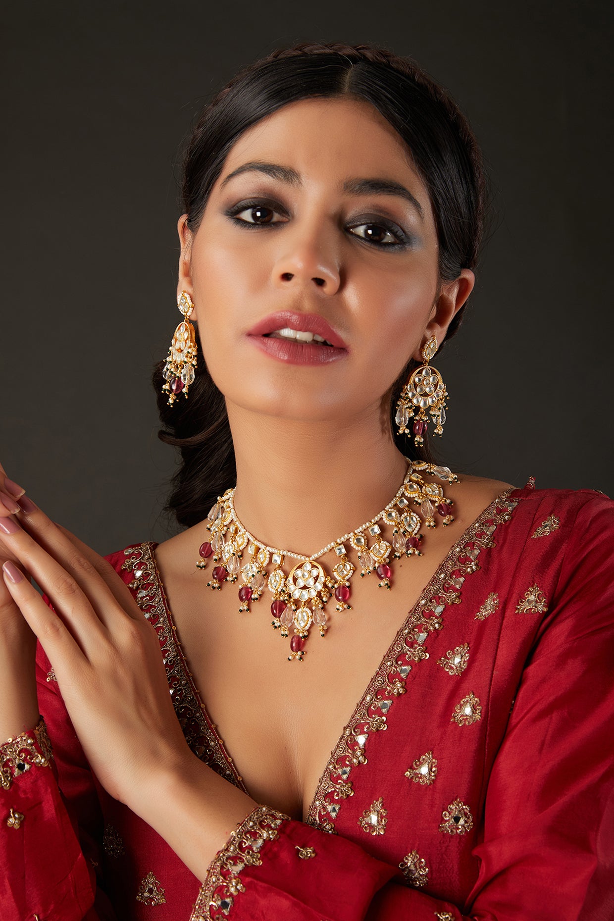Kundan Gold plated Necklace Set in pink drops
