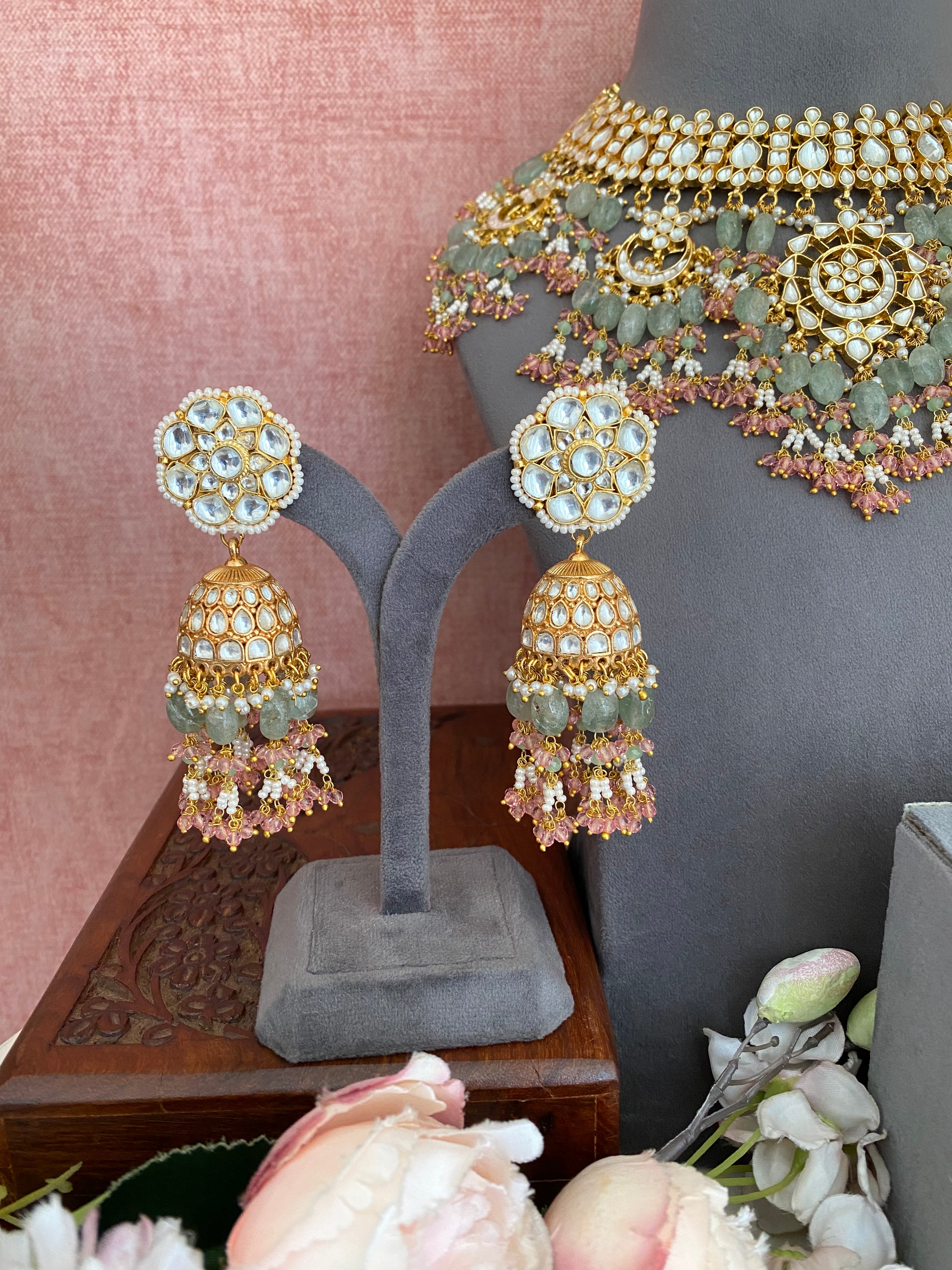 Kundan Bridal Necklace Set in mint and pink drops