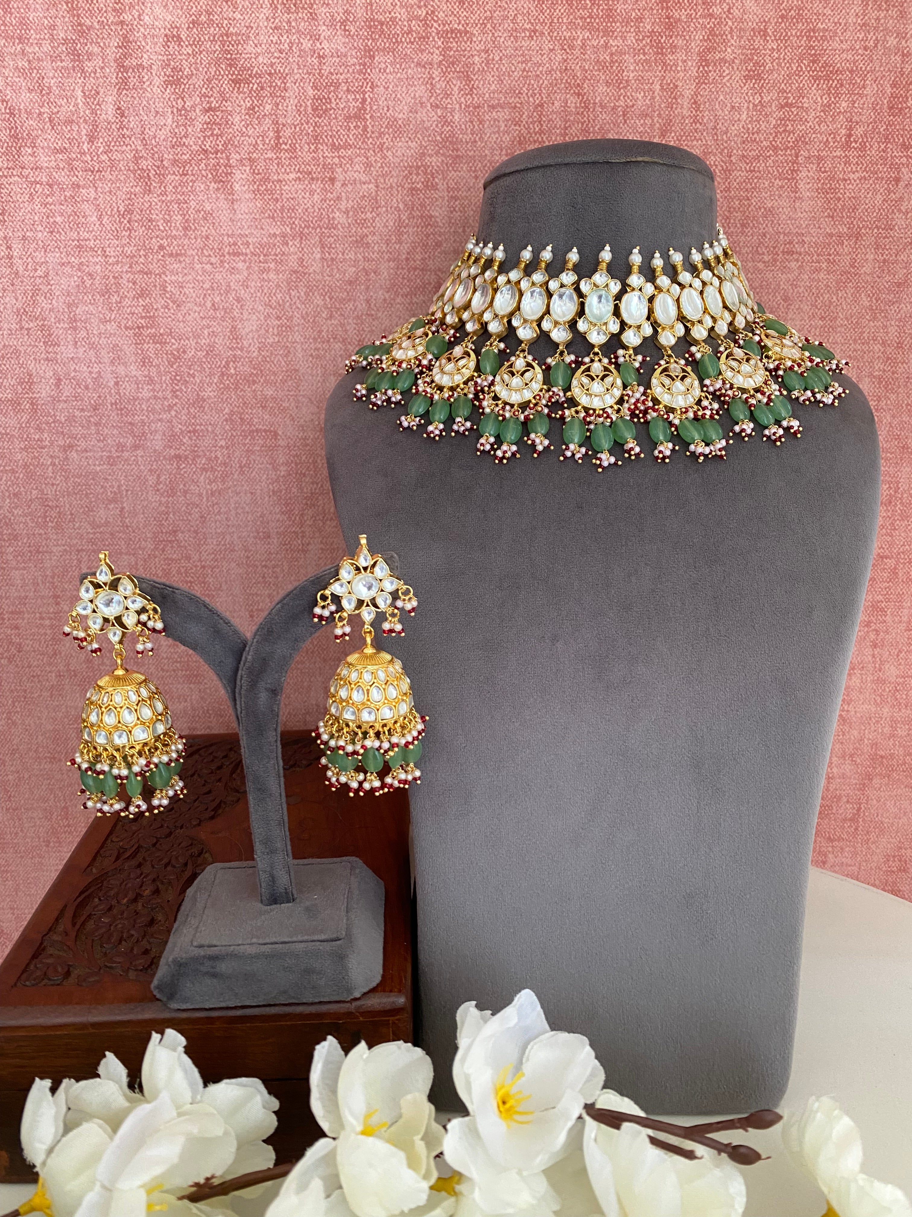 Kundan Gold plated Bridal Necklace Set in mint drops