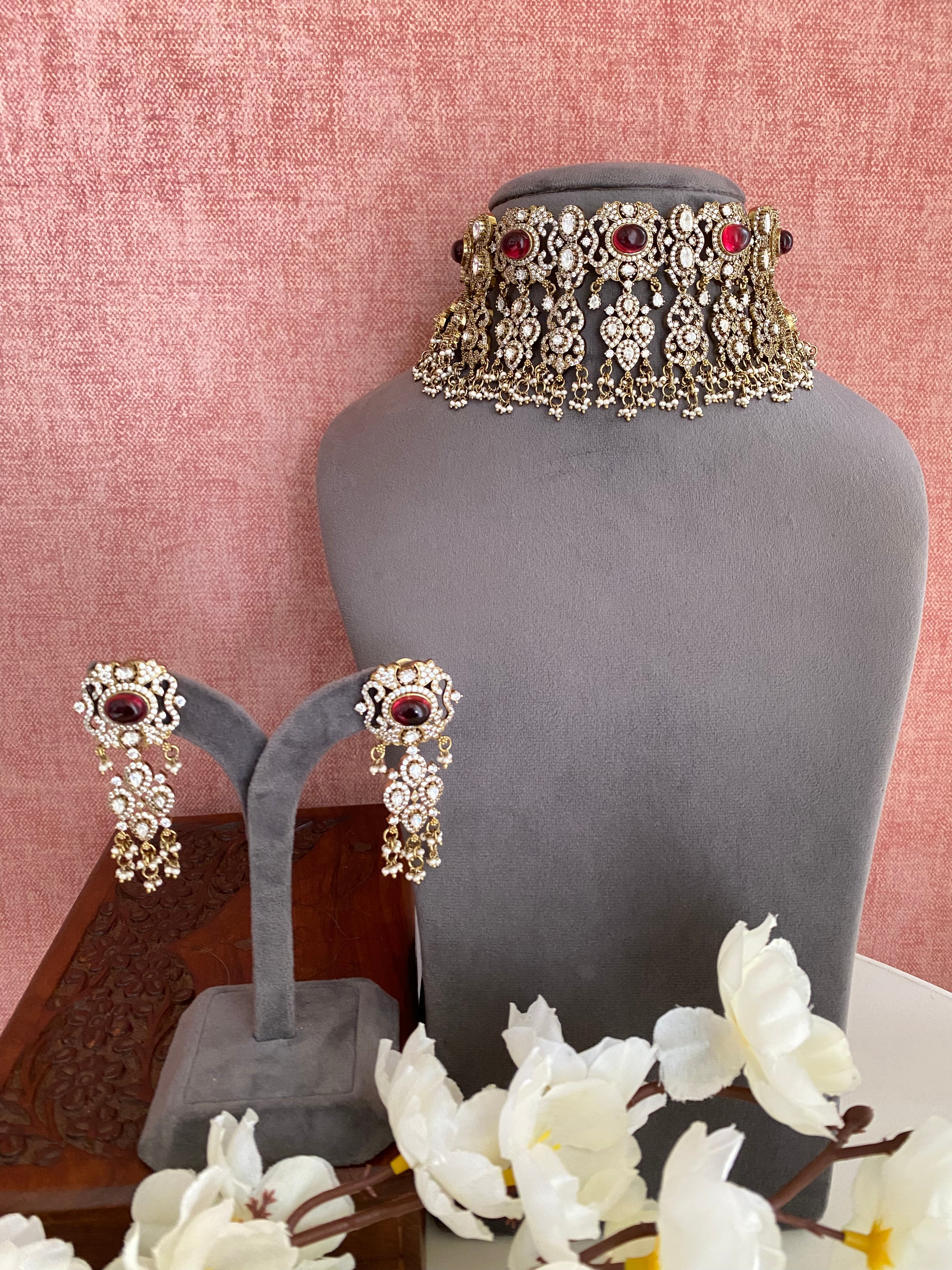 Red Stone Moissanite Choker Set