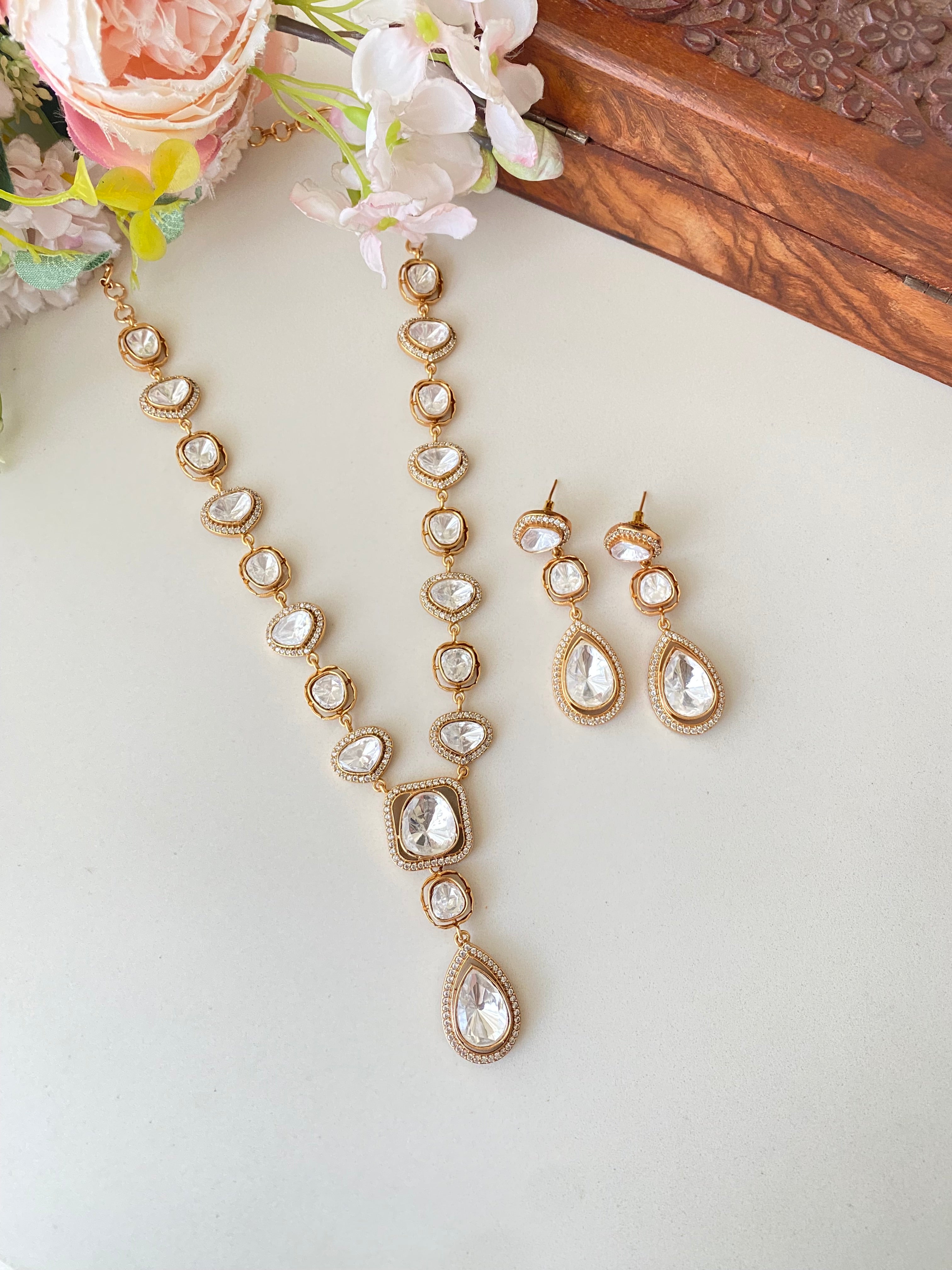 Gold plated Moissanite Long Necklace Set