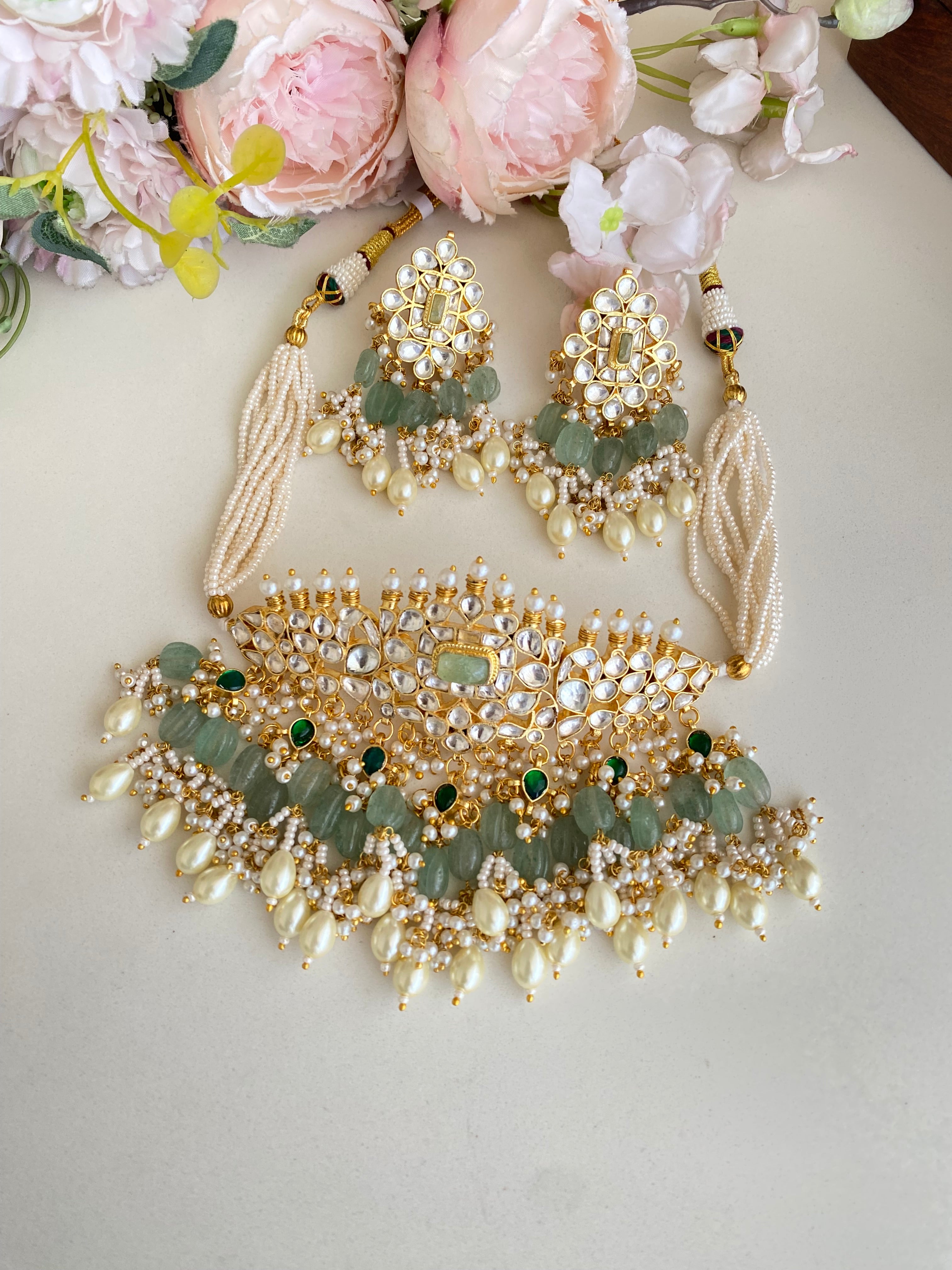 Gold plated Mint Stone Kundan Choker Set