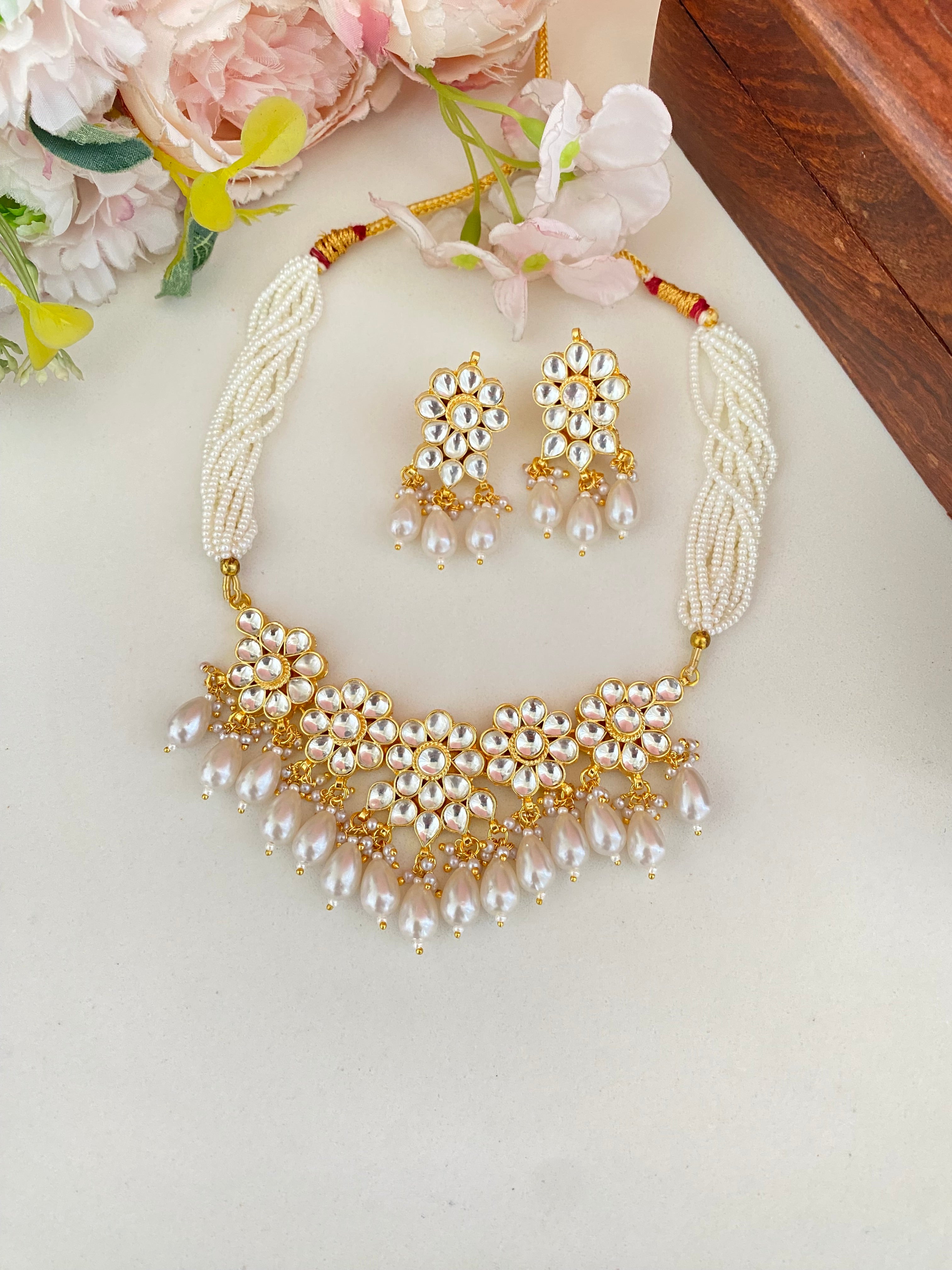 Gold Plated Kundan Floral Necklace Set