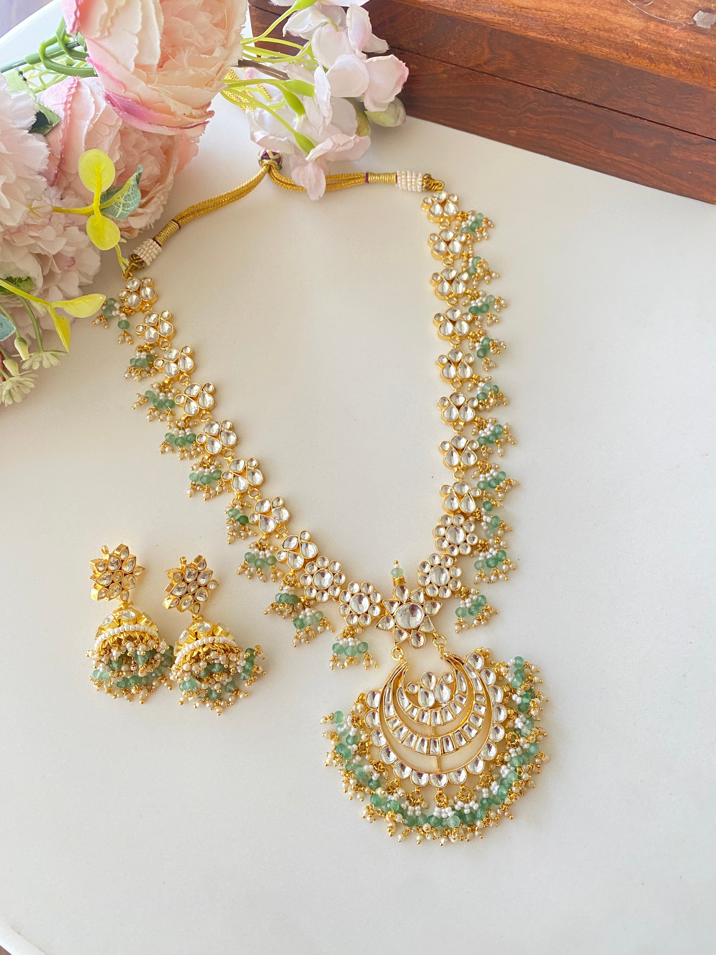 Gold Plated Kundan long set with Jhumka