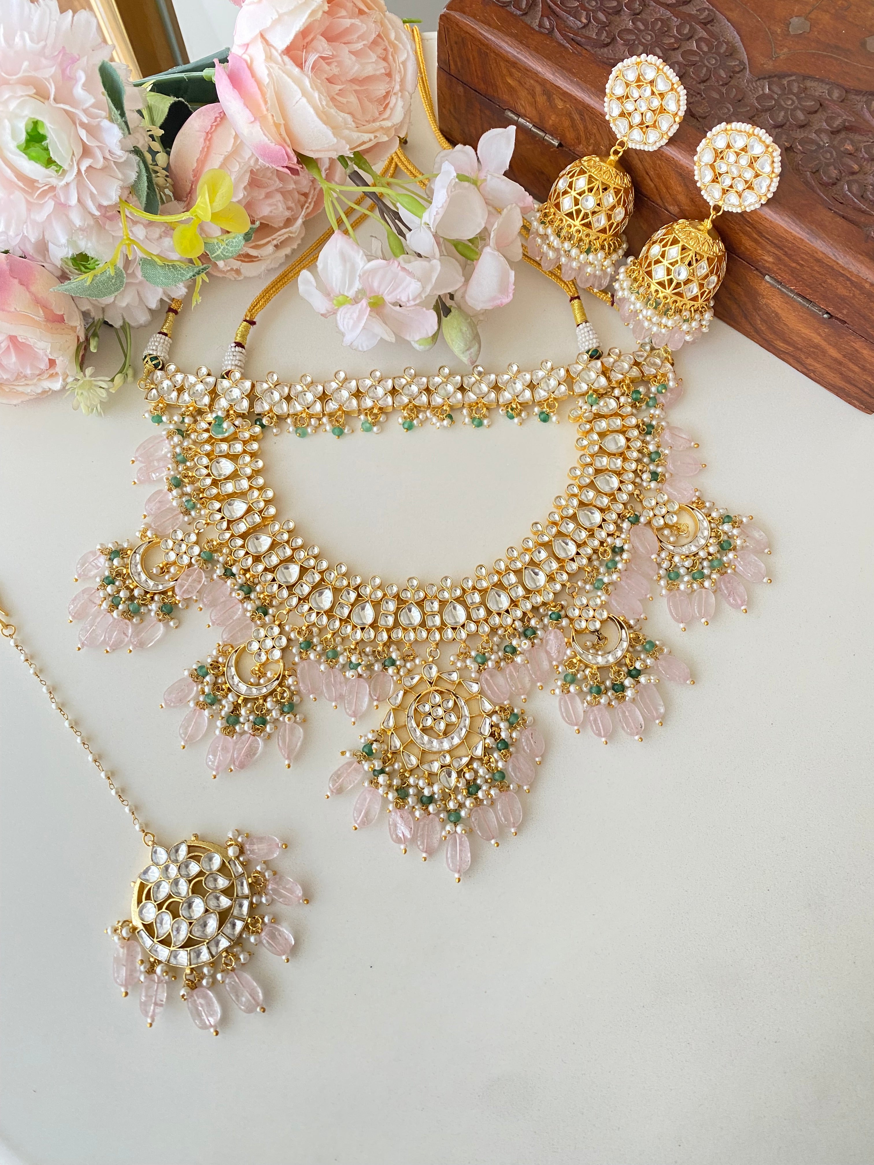 Kundan Choker with Necklace set in mint and pink drops