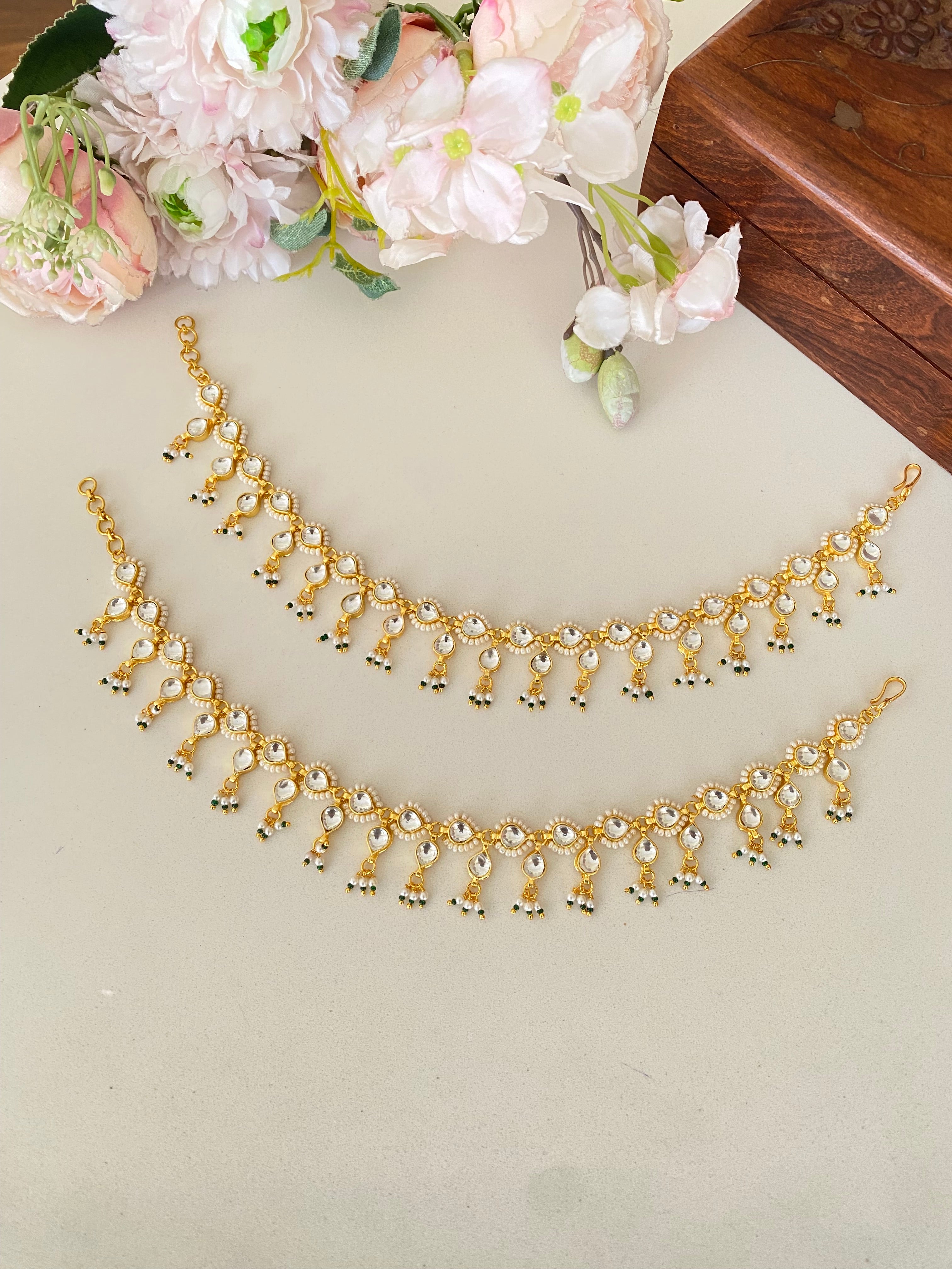 Gold plated Kundan Payal in green drops