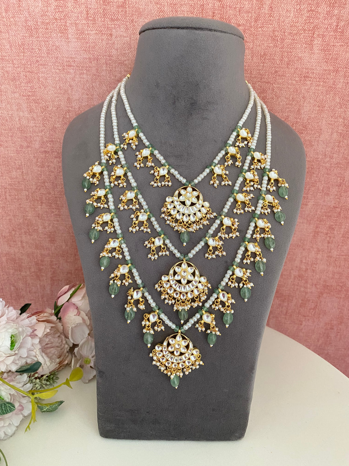 Three-Line gold plated Jadau Kundan Raani Haar