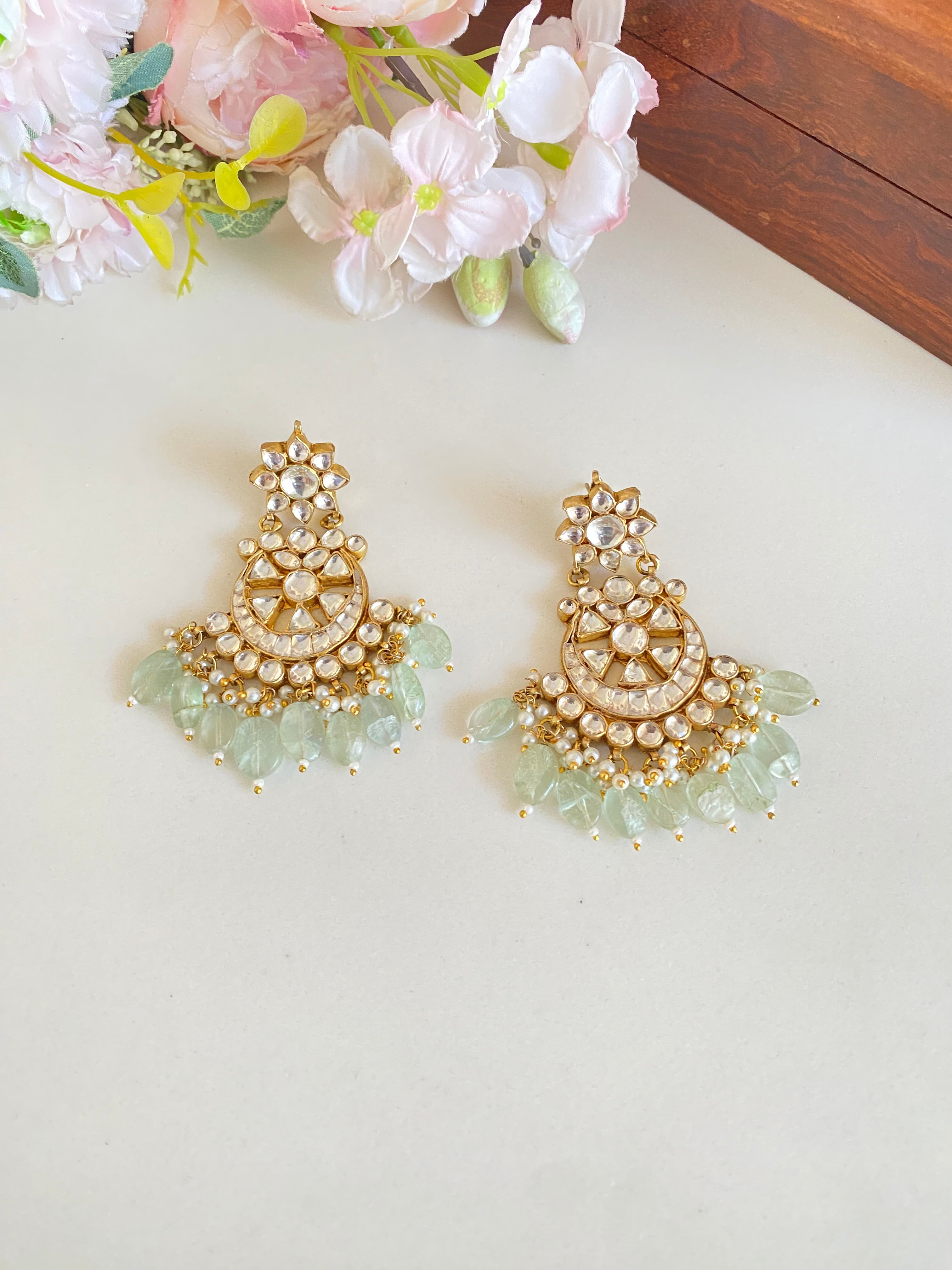 Gold Plated Kundan Earring in Mint drops