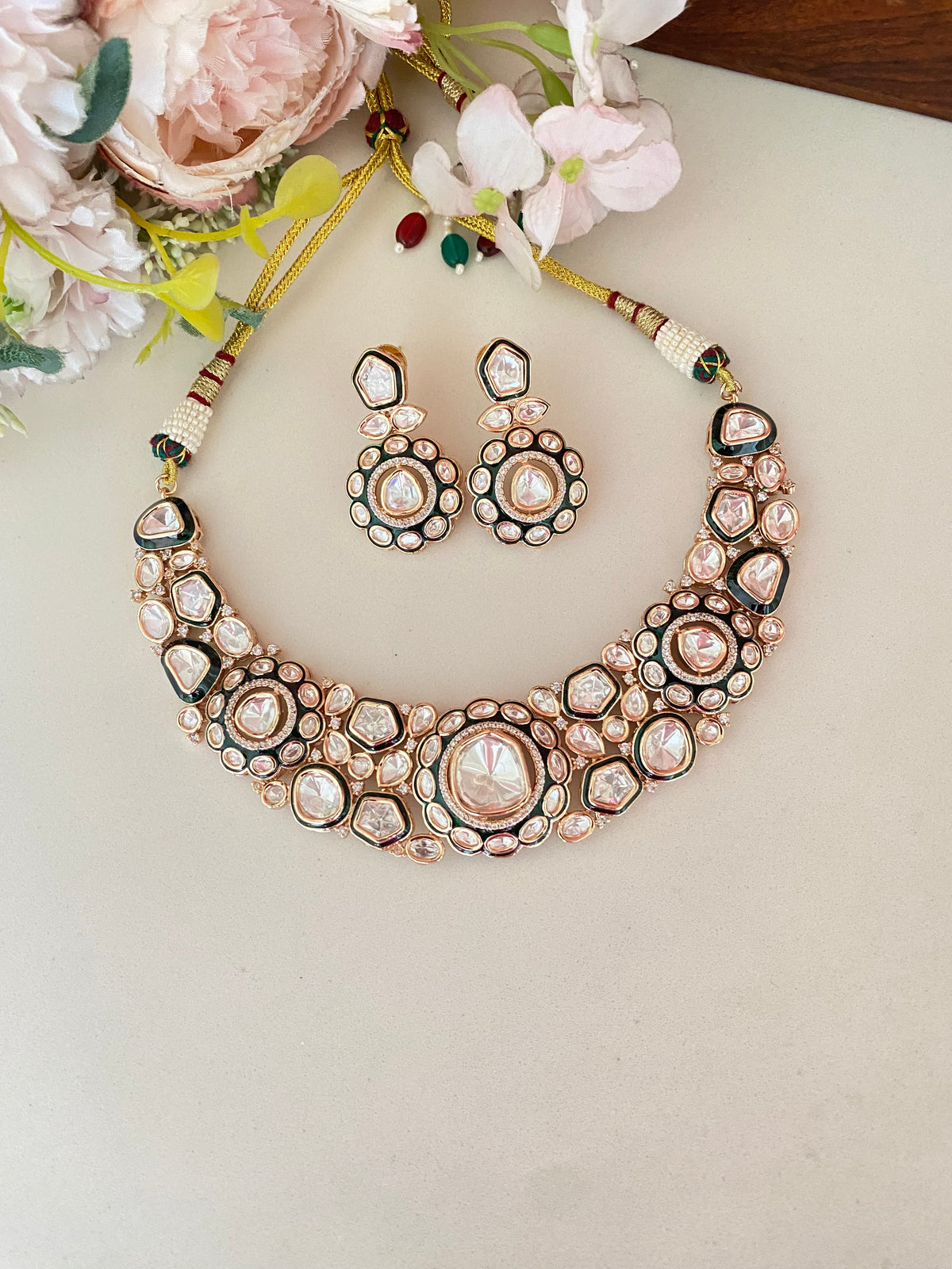 Moissanite Polki Green Necklace Set