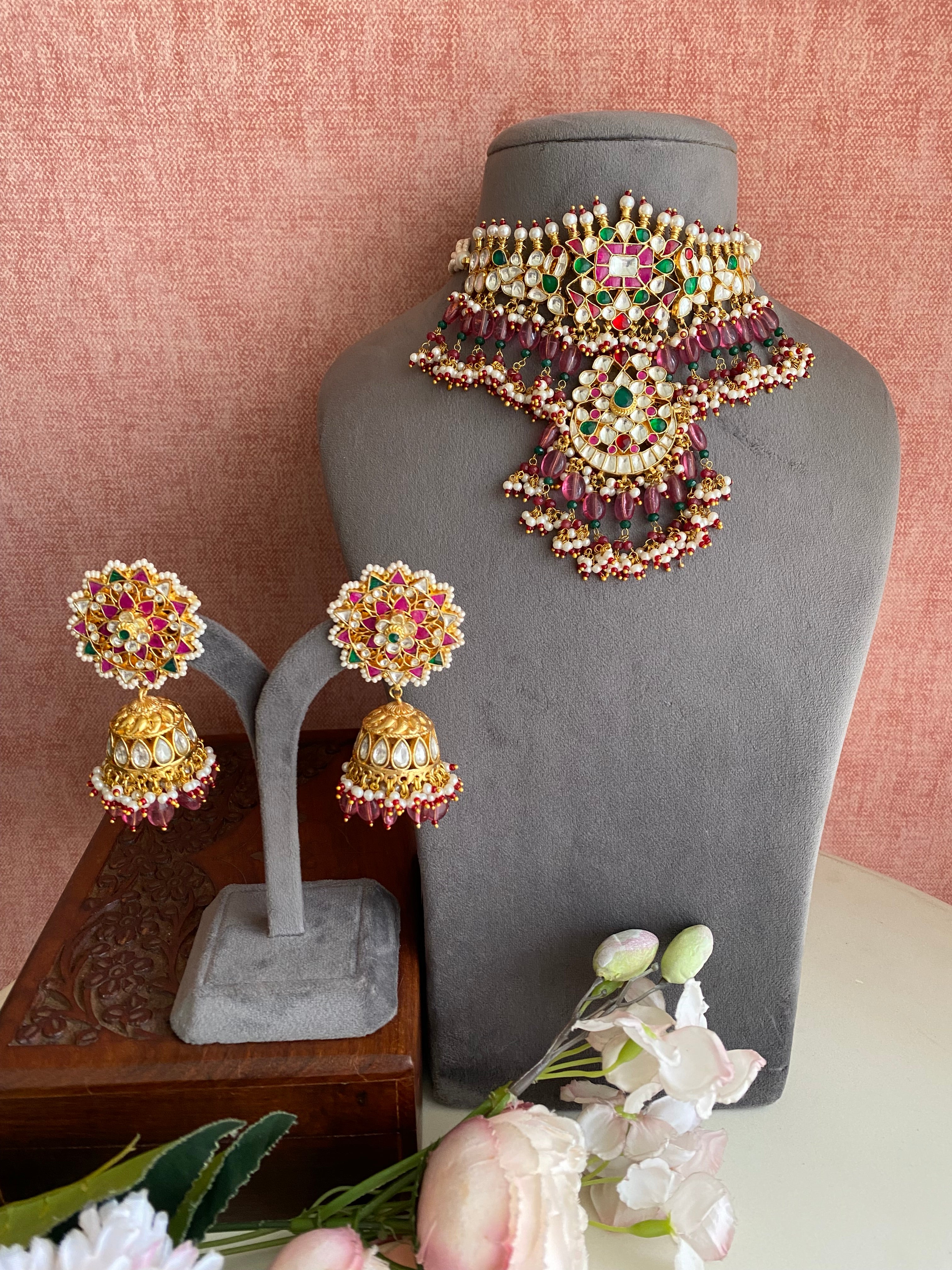 Gold plated Kundan Multi Color choker Set