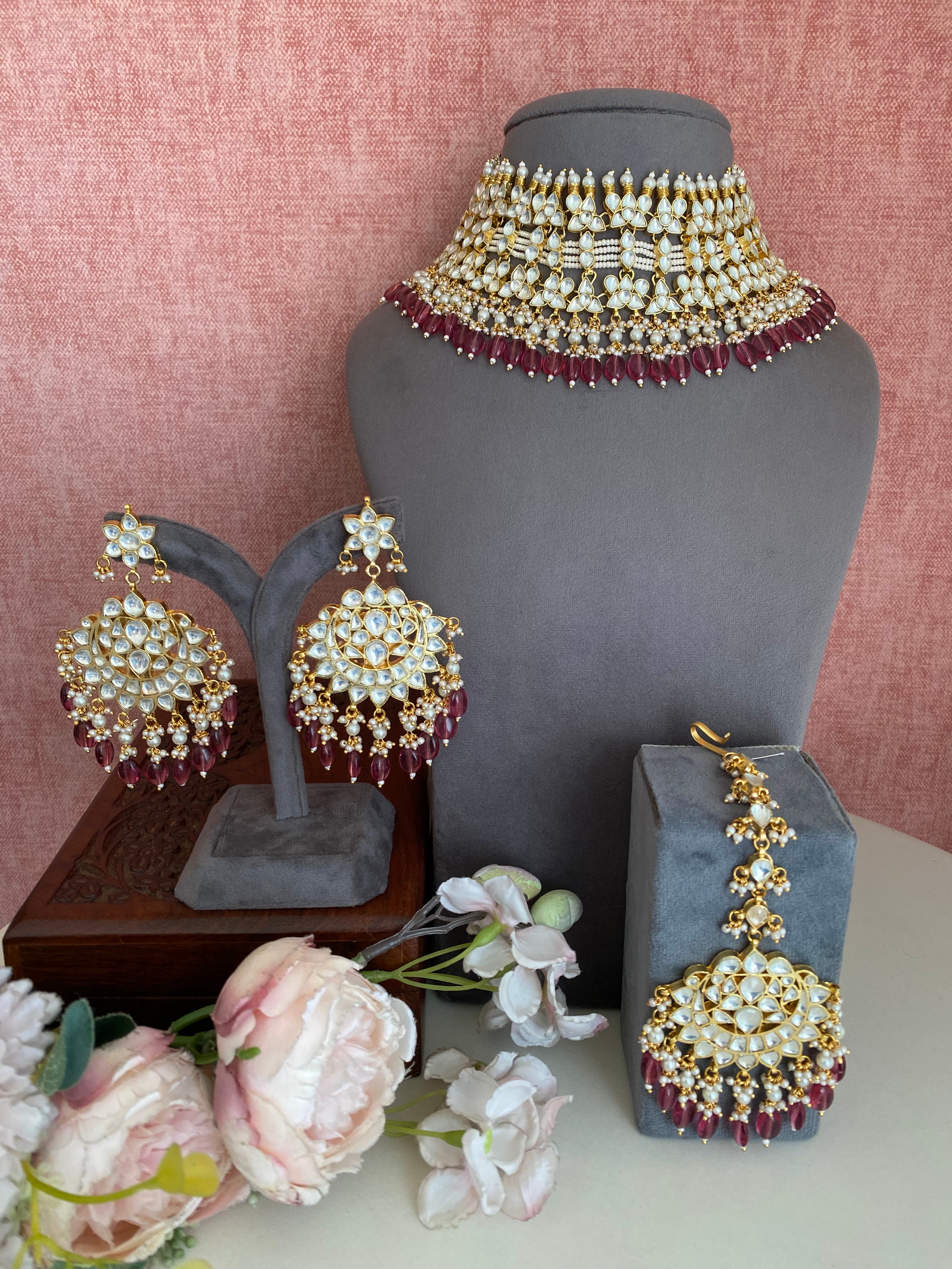 Kundan Bridal Necklace Set in pink drops