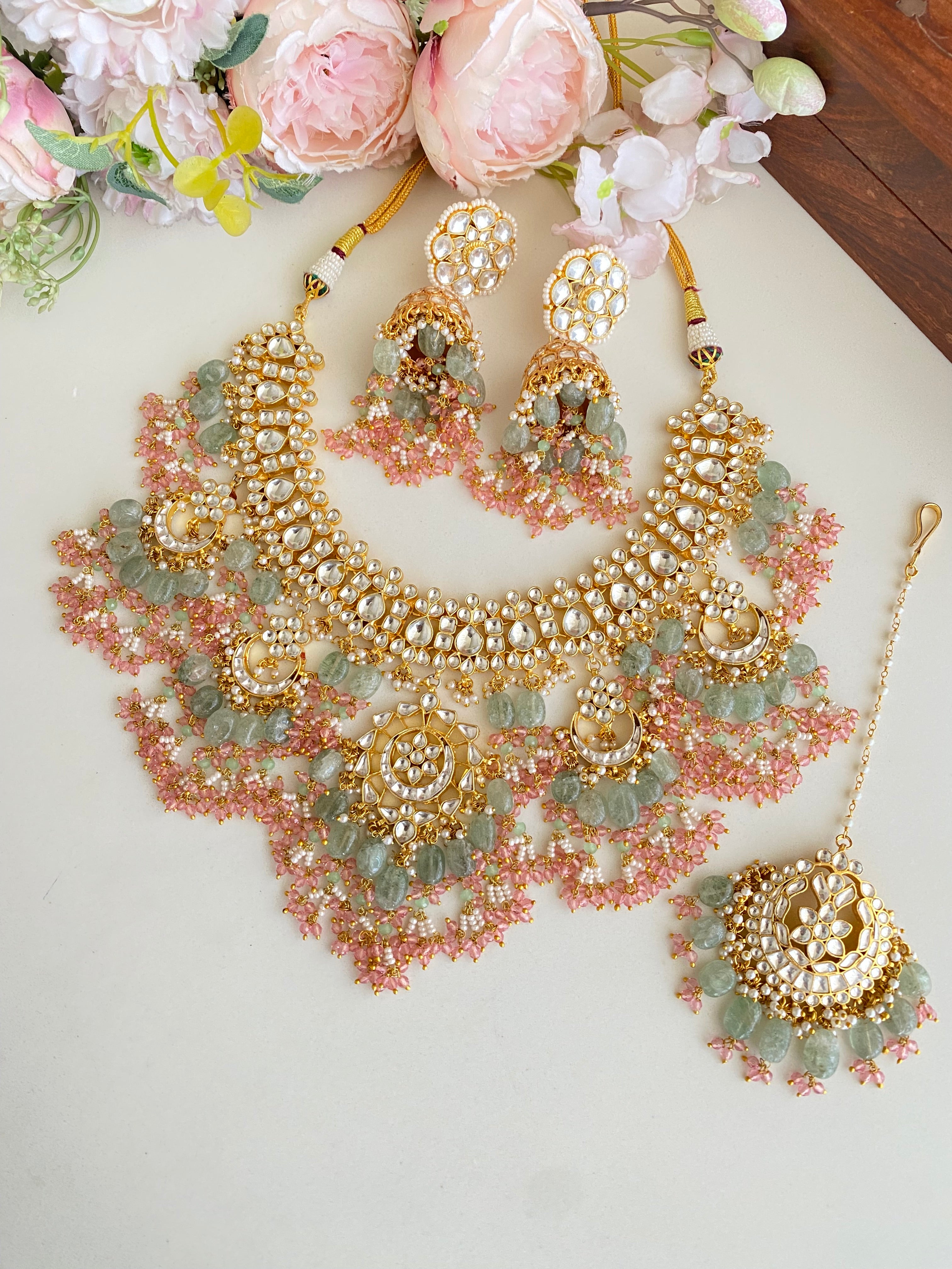 Kundan Bridal Necklace Set in mint and pink drops