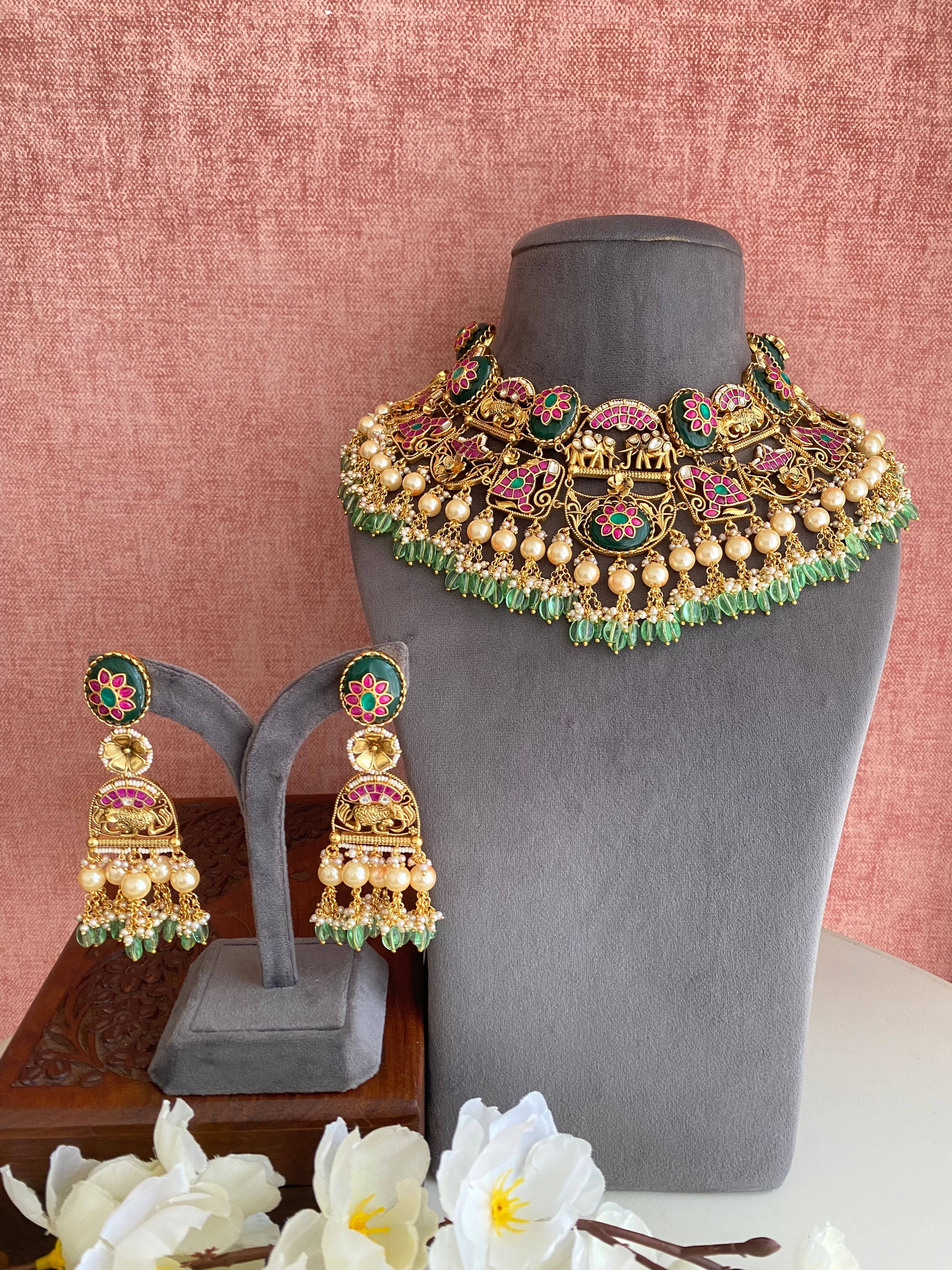 Gold Plated Antique Kundan Bridal Necklace Set