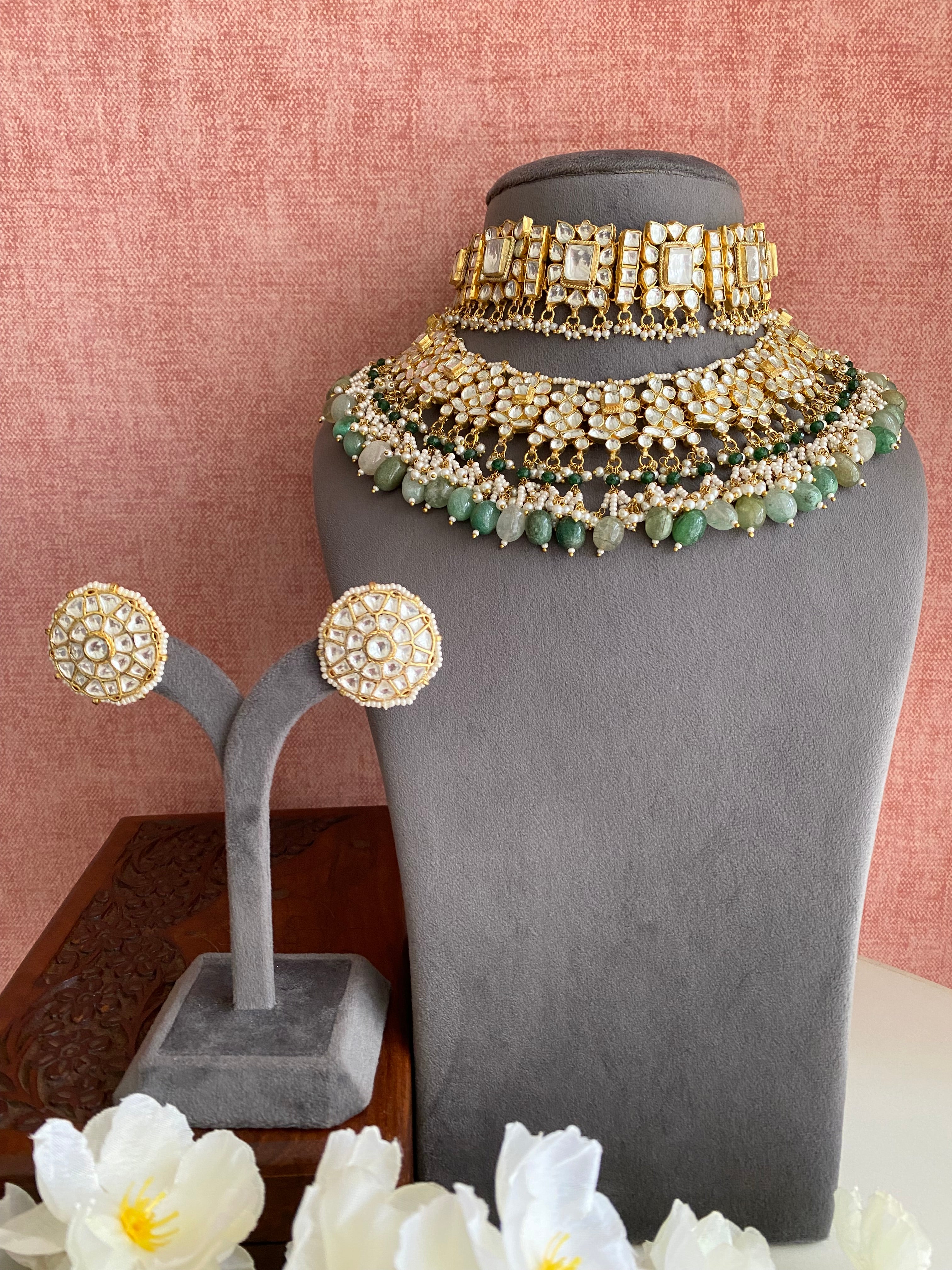 Kundan Bridal Necklace Set in mint Drops