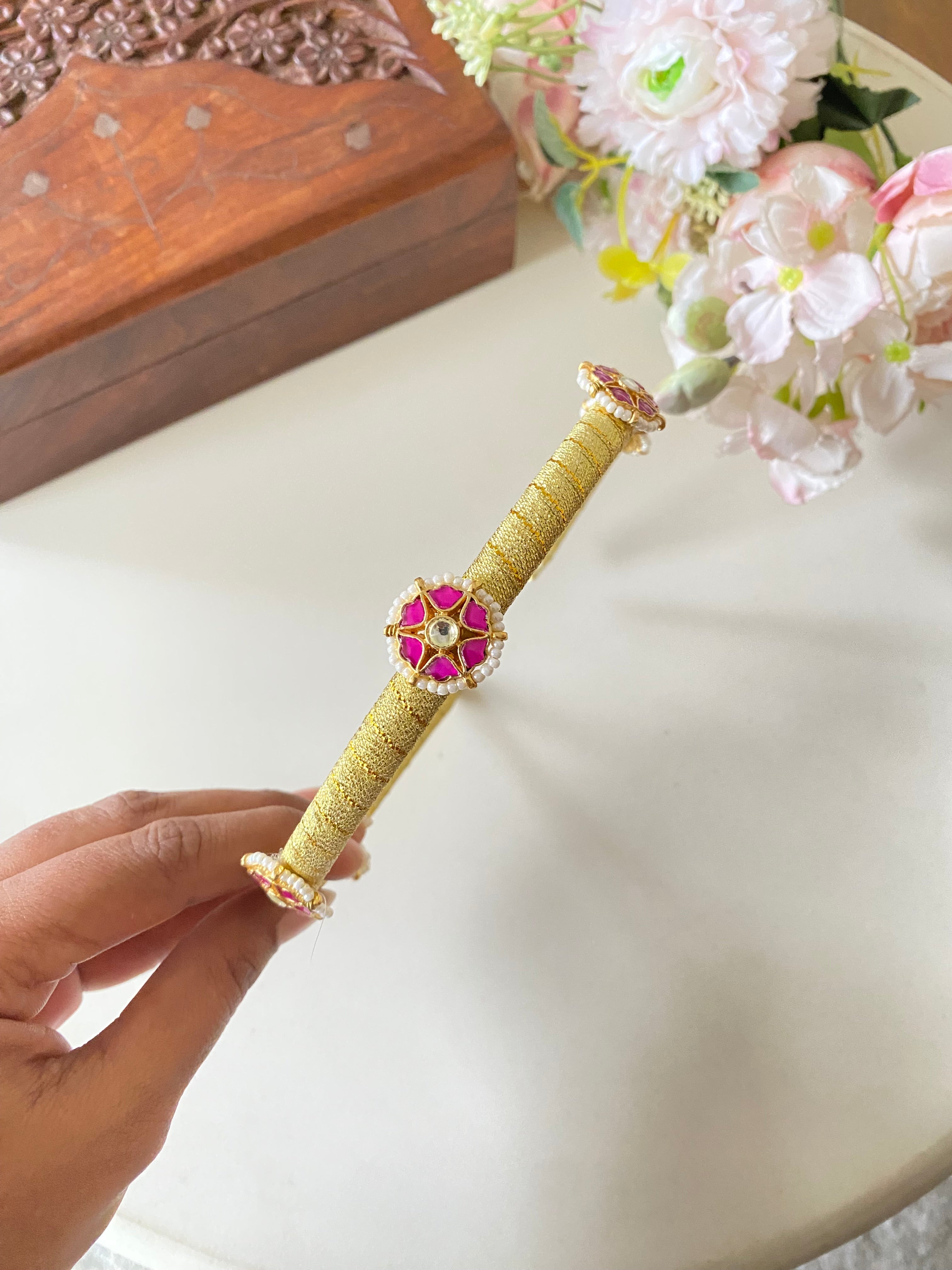 Gold Plated Pink Kundan Hairband