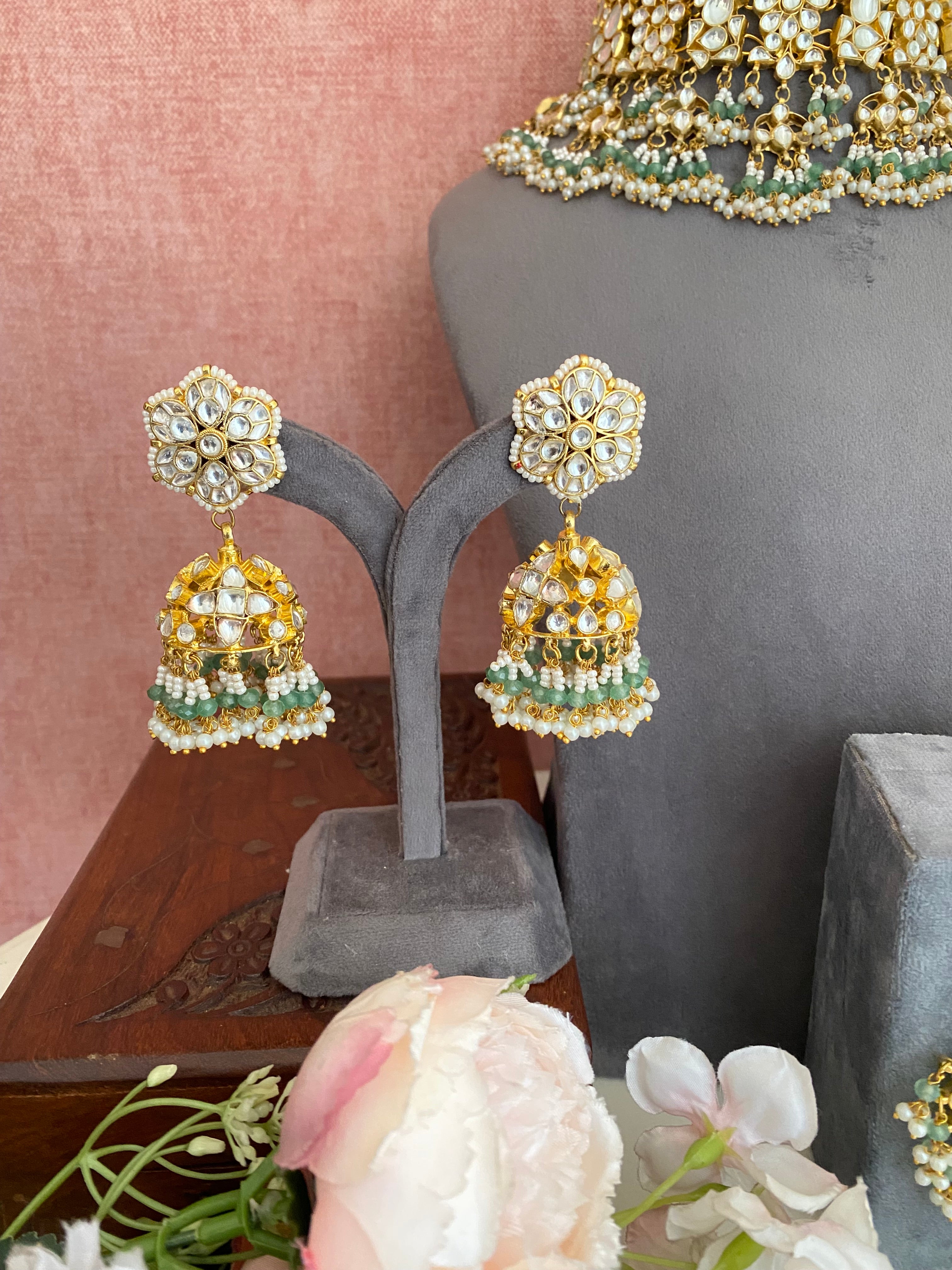 Kundan Bridal Necklace Set in Green drops