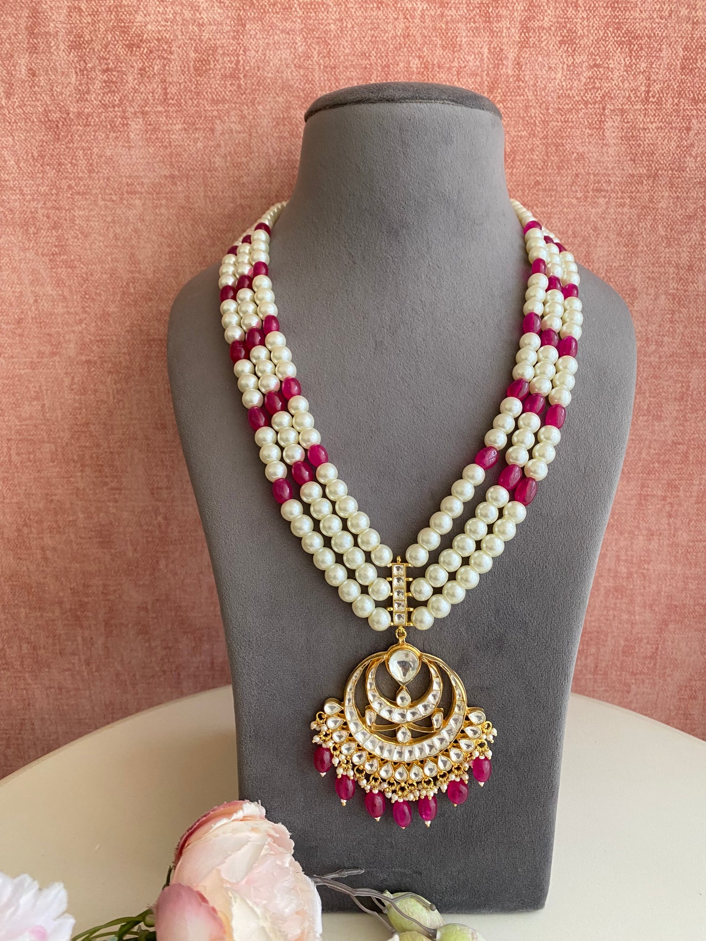 Gold Plated Kundan Necklace in Red Drops