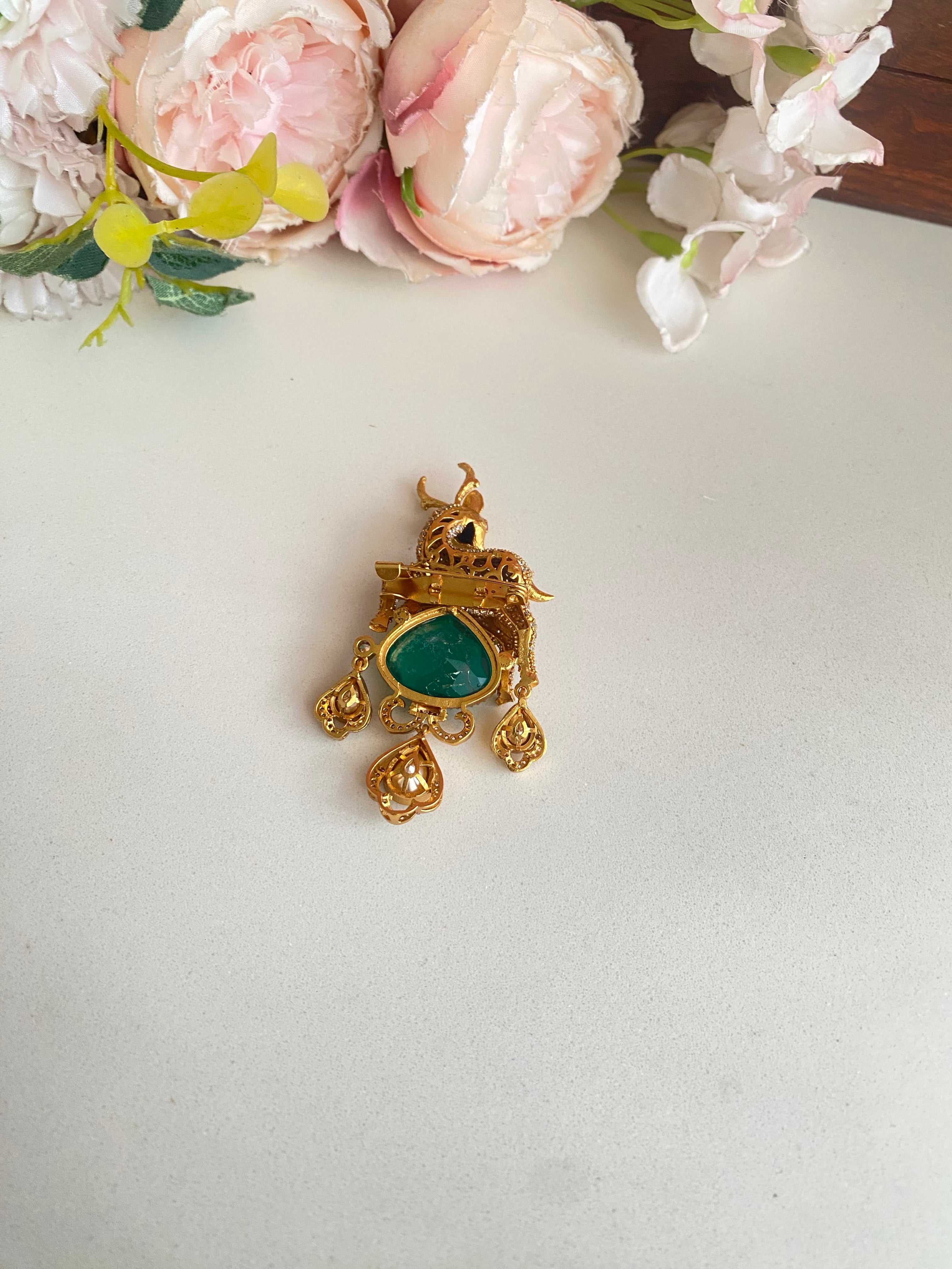 Gold plated green stone Moissanite Brooch
