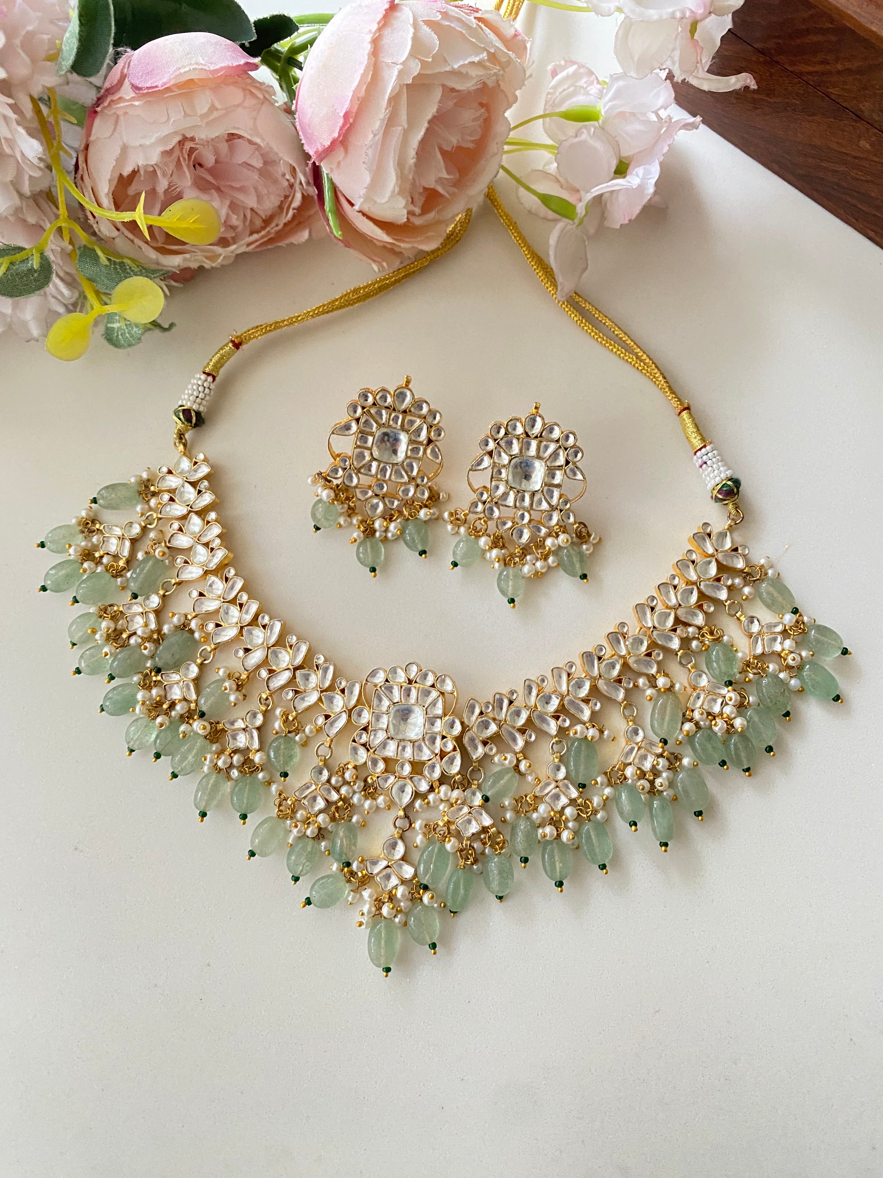 Gold Plated Kundan Necklace Set in mint drops