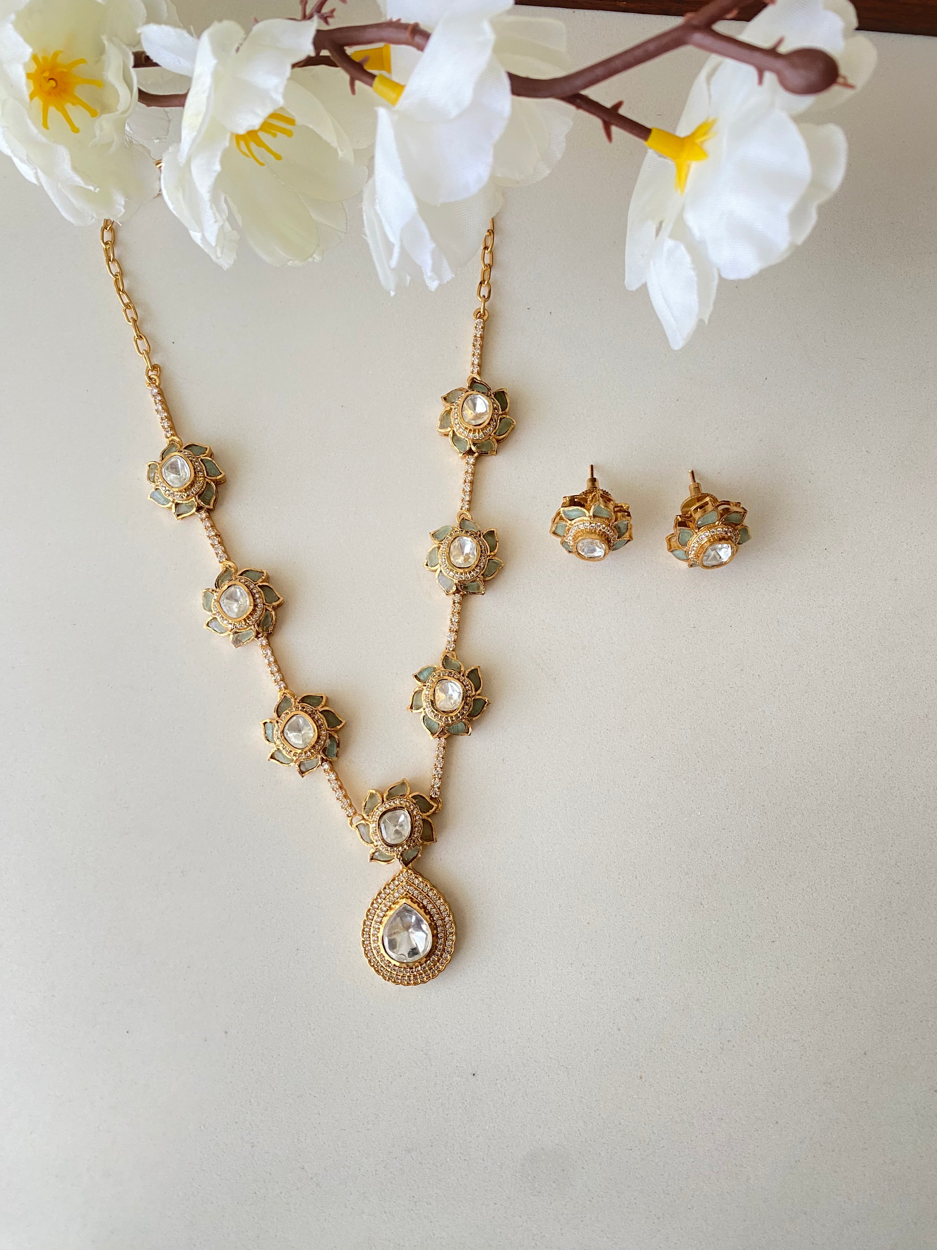 Gold plated Moissanite Mint Long Necklace Set